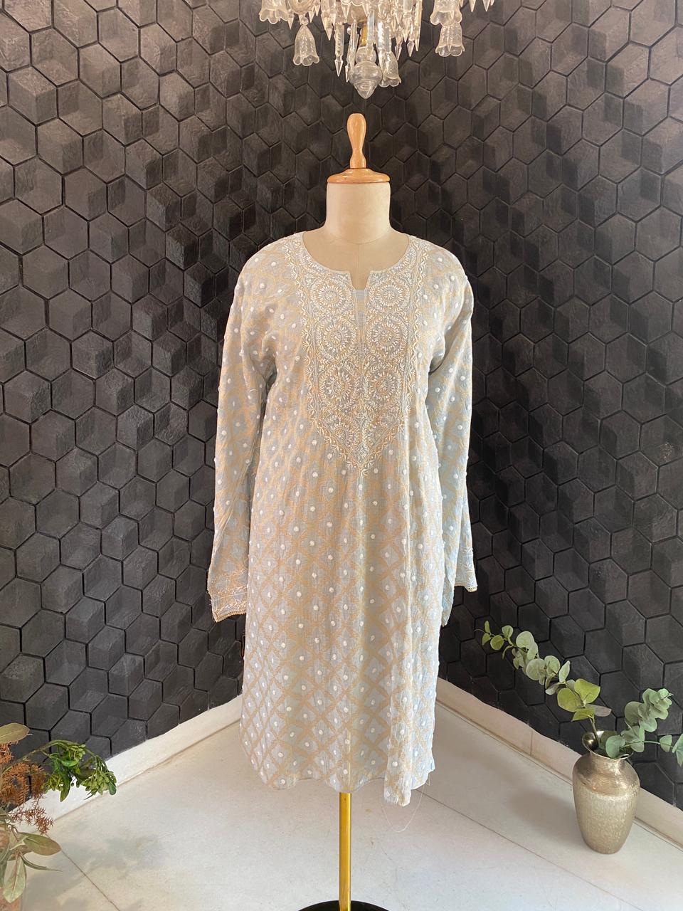 Grey Silver Tissue Chikankari Co-ord Set