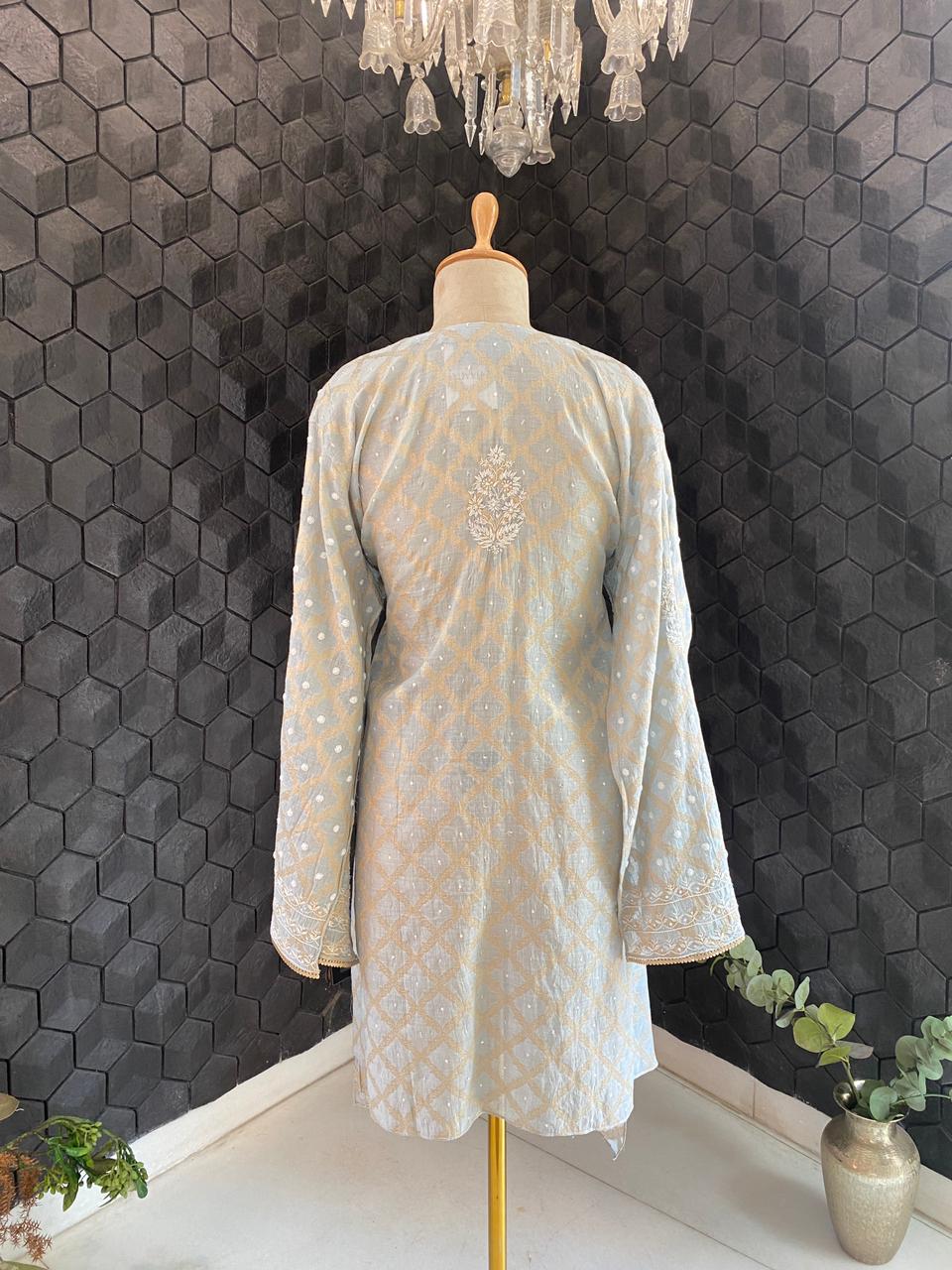 Grey Silver Tissue Chikankari Co-ord Set