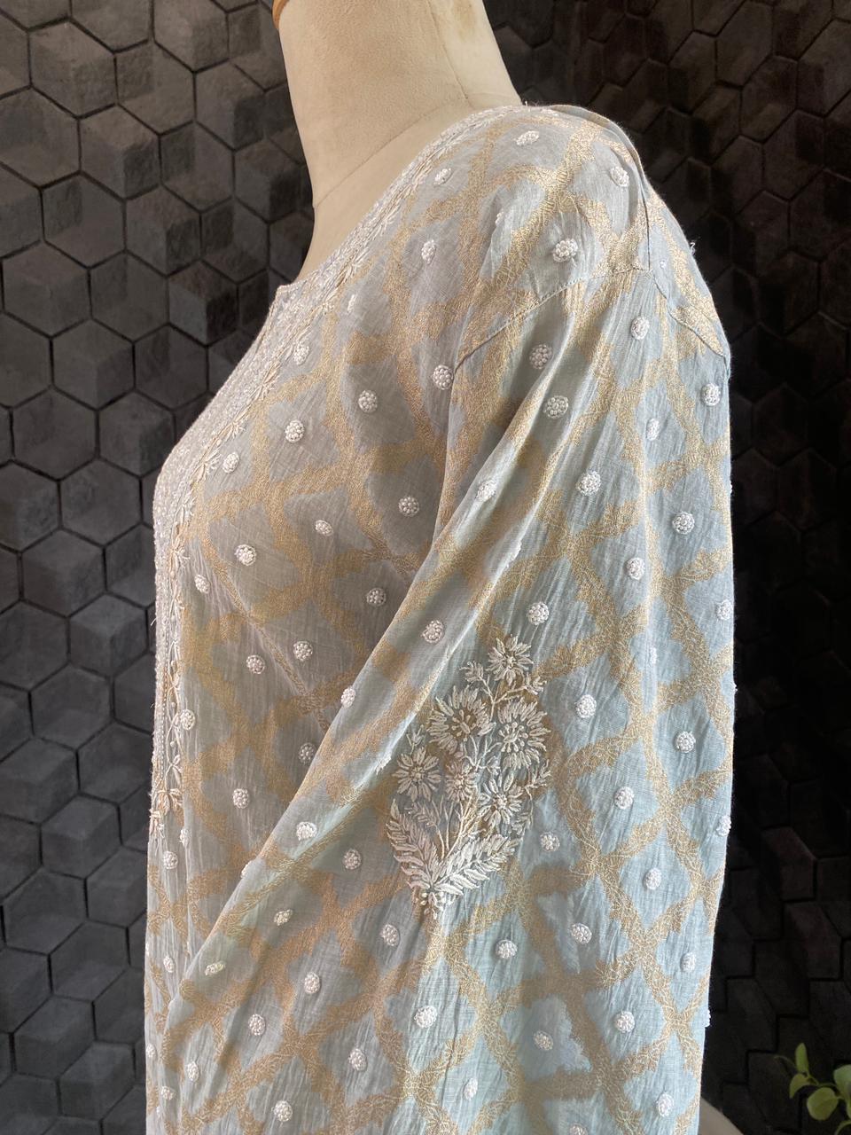 Grey Silver Tissue Chikankari Co-ord Set