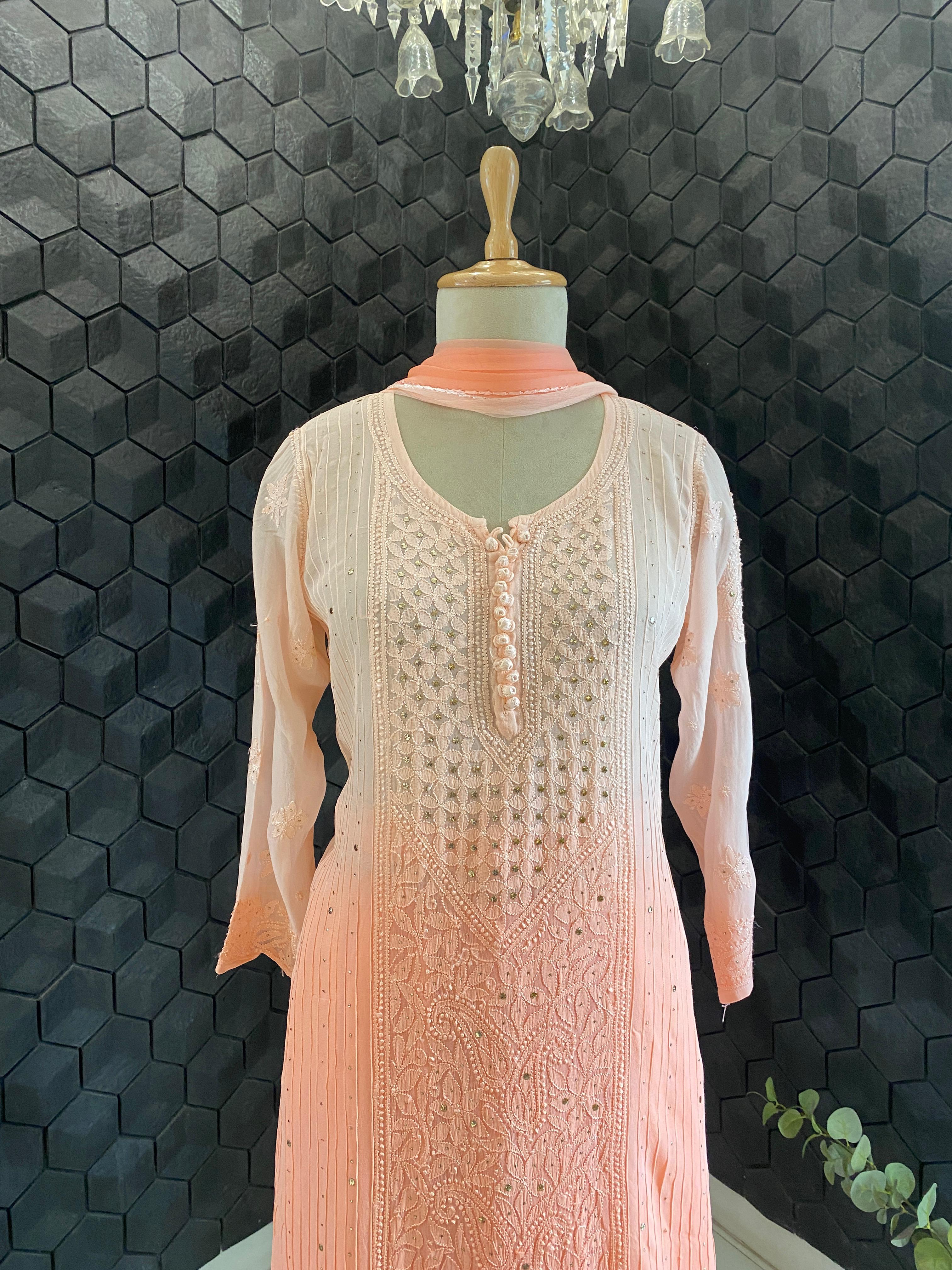 Peach  Ombre Viscose Chikankari Sharara Set