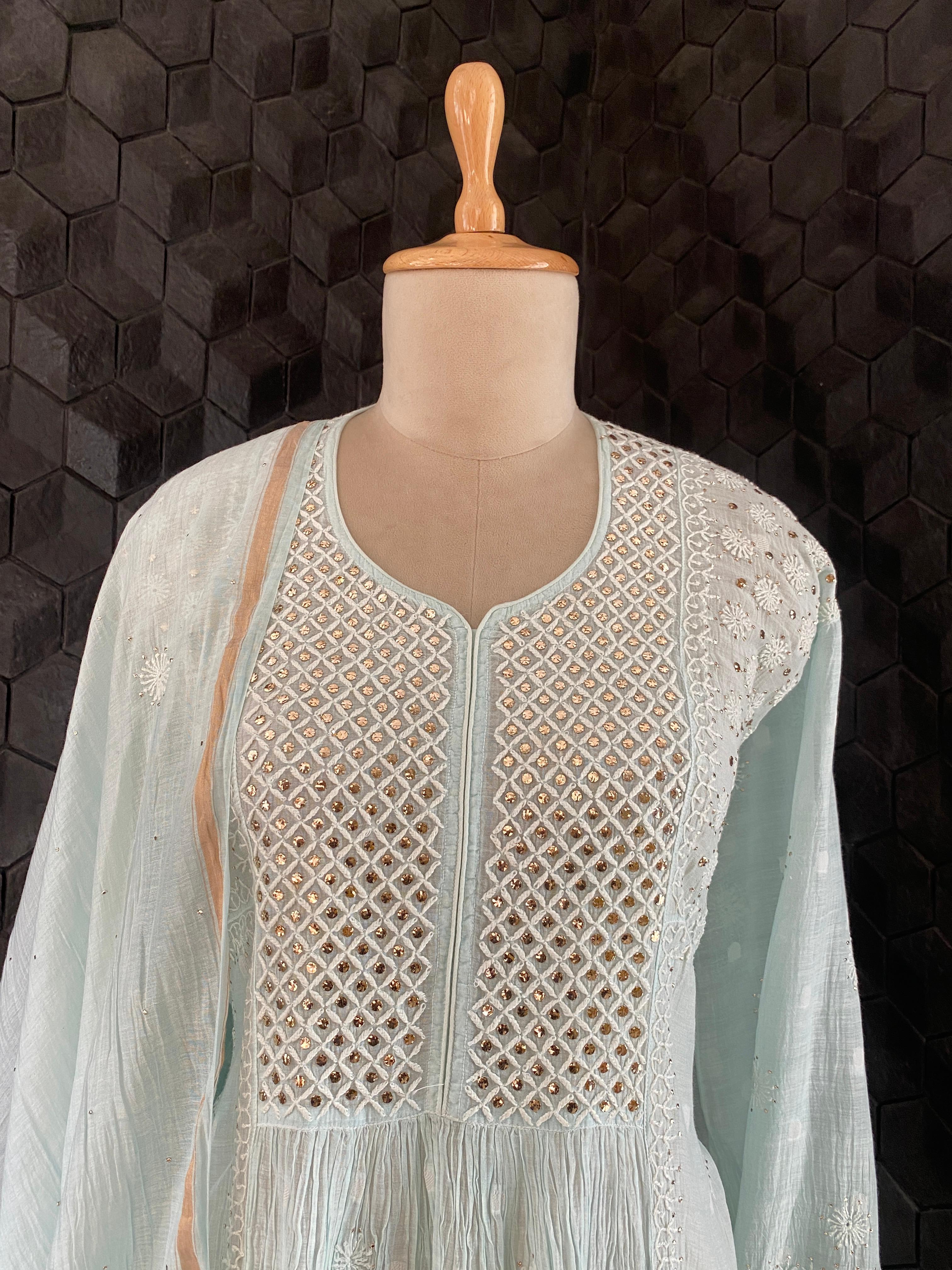Sea Green Mul Chanderi Chikankari Mukaish Kurta Set