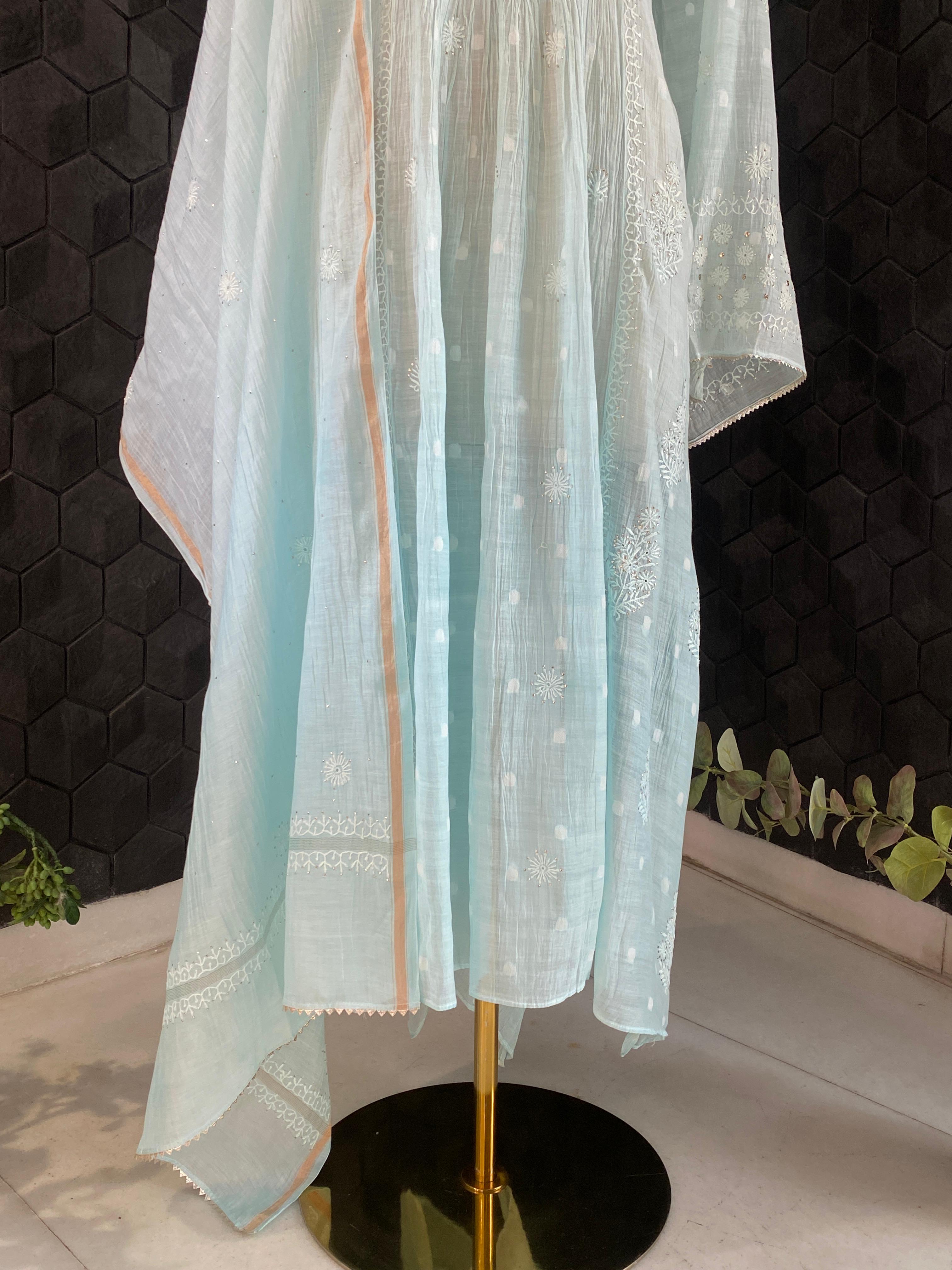 Sea Green Mul Chanderi Chikankari Mukaish Kurta Set