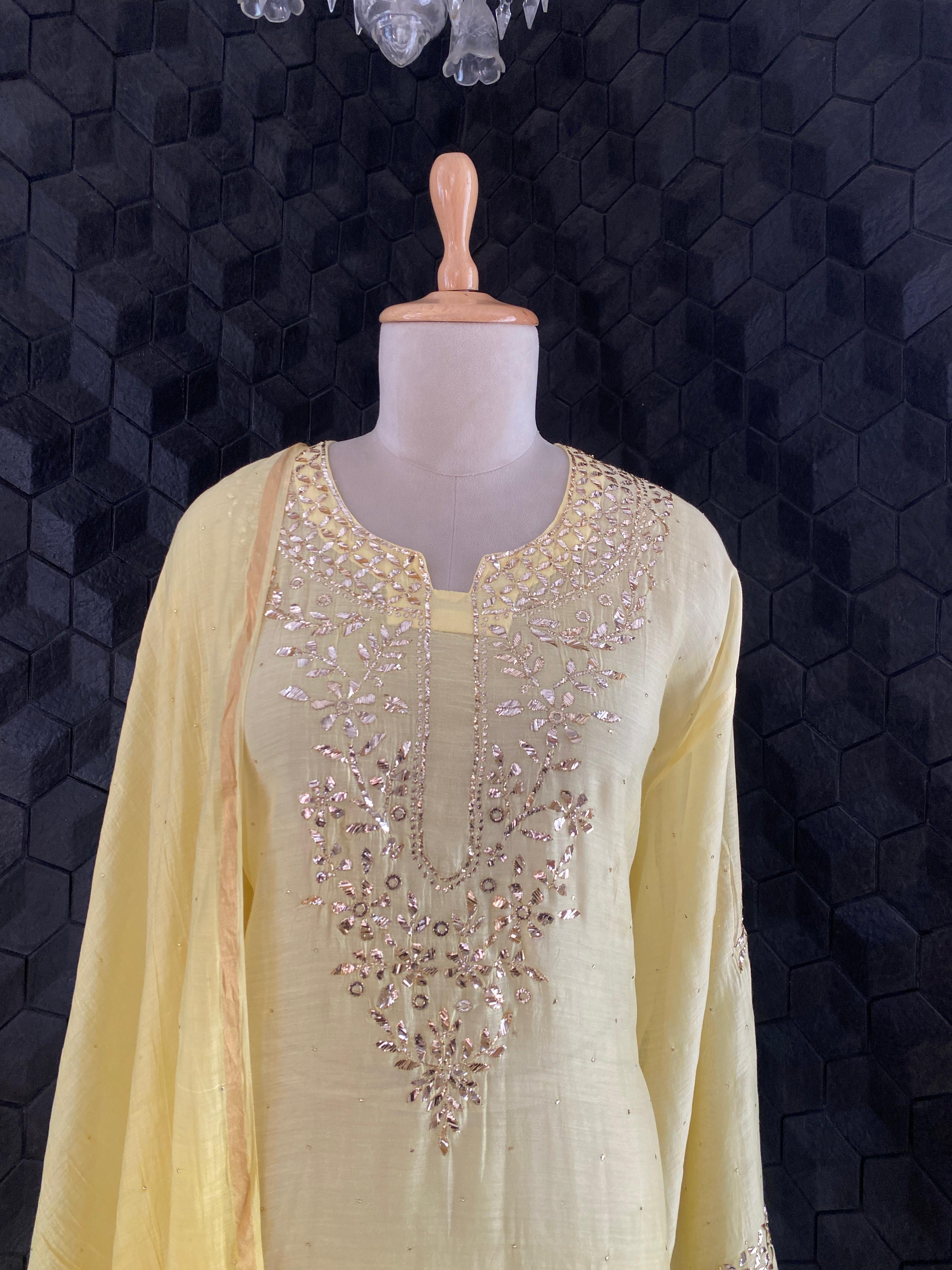 Yellow Mul Chanderi Mukaish Kurta Set