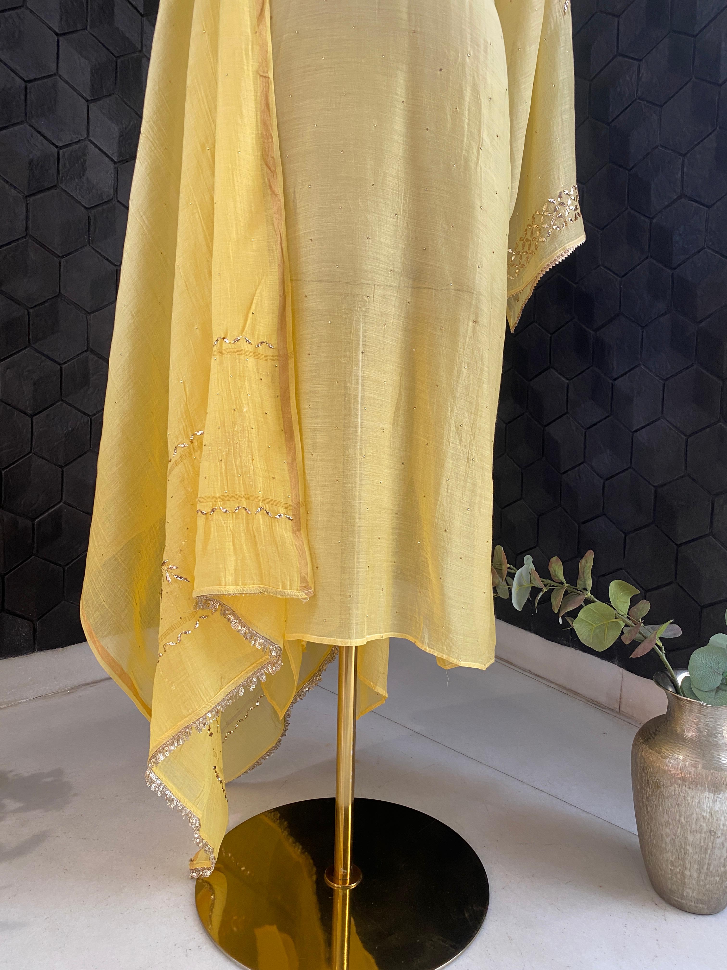 Yellow Mul Chanderi Mukaish Kurta Set