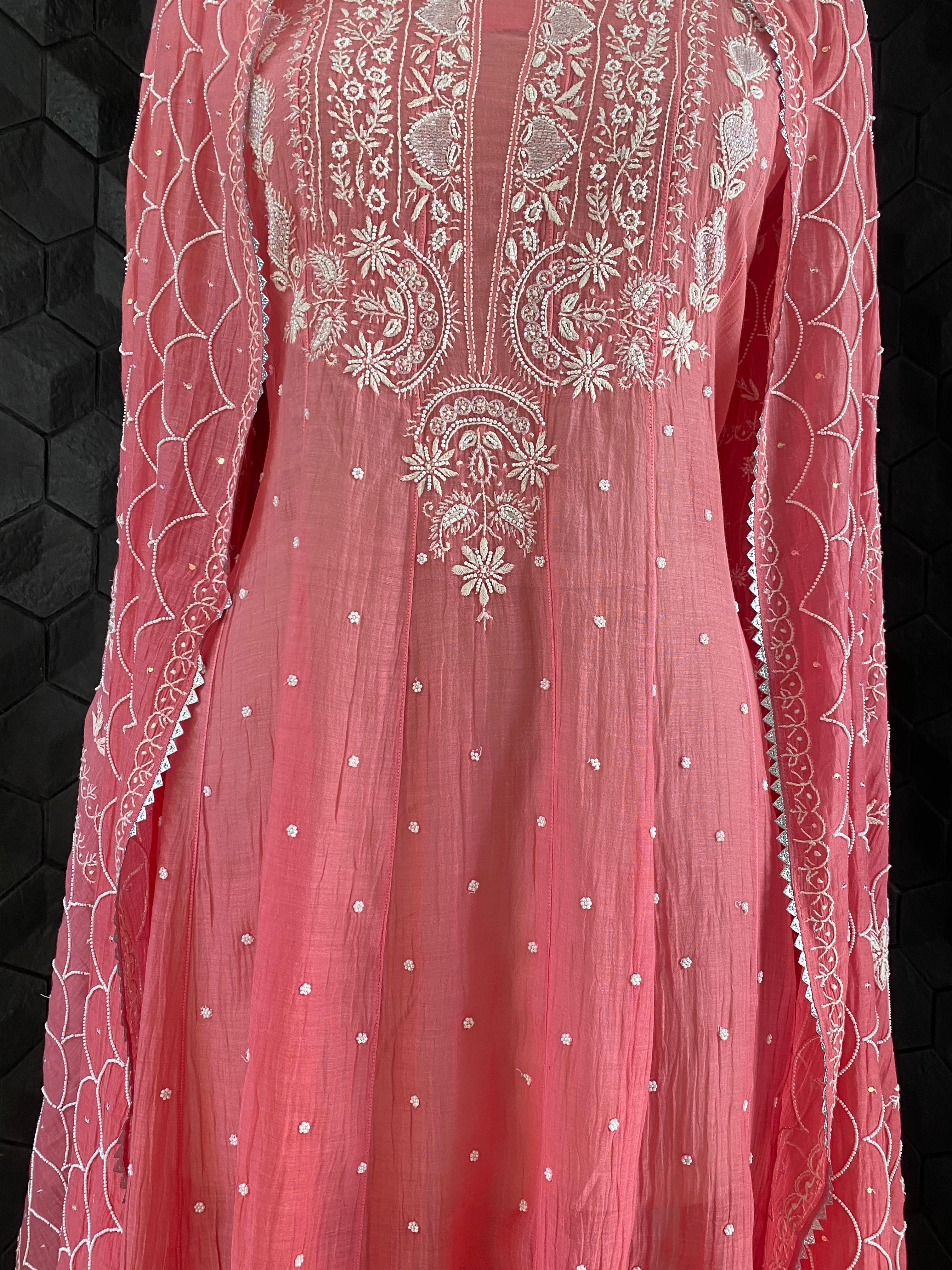 Pink Mul Chanderi Chikankari Anarkali Set