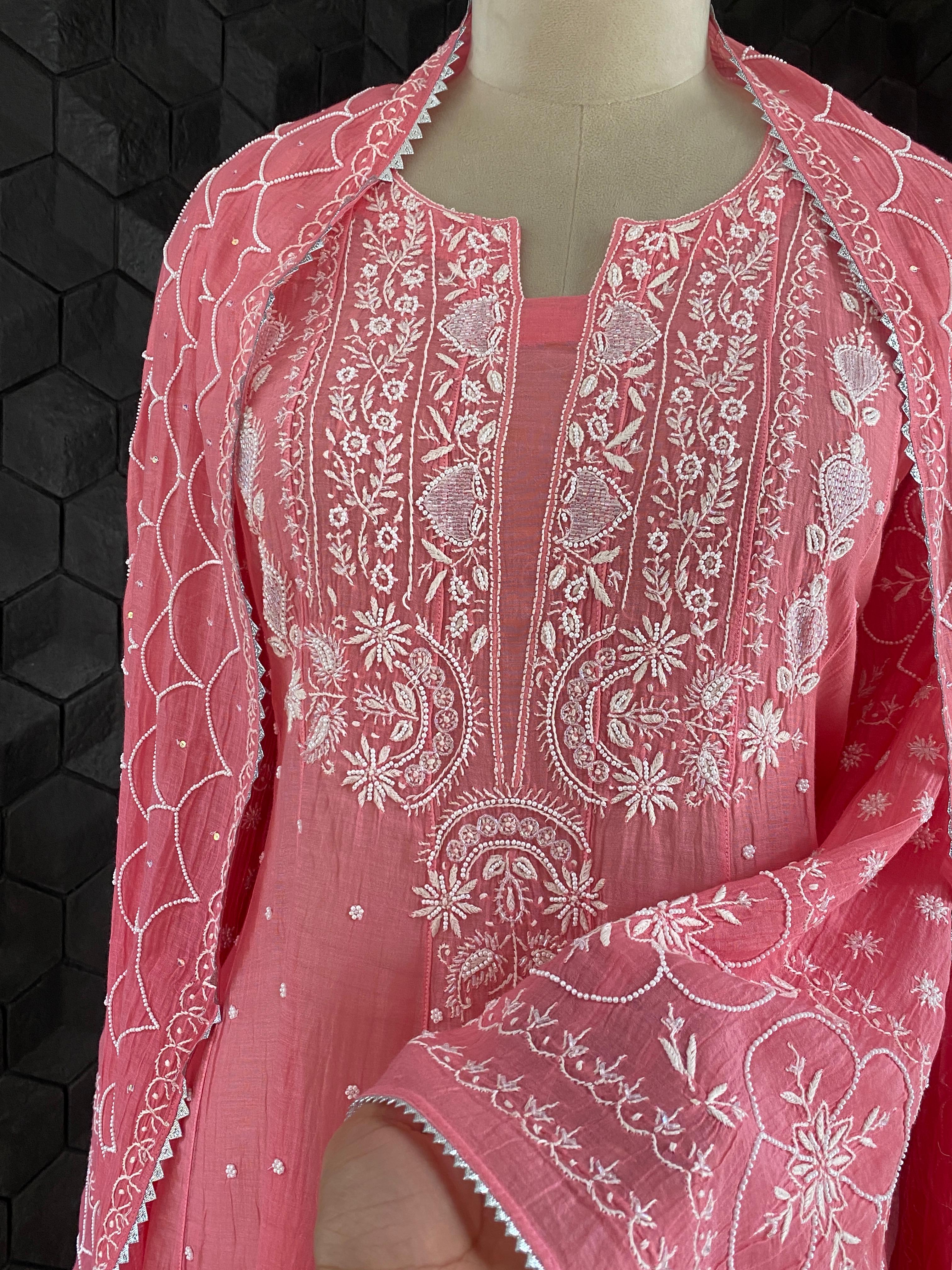 Pink Mul Chanderi Chikankari Anarkali Set