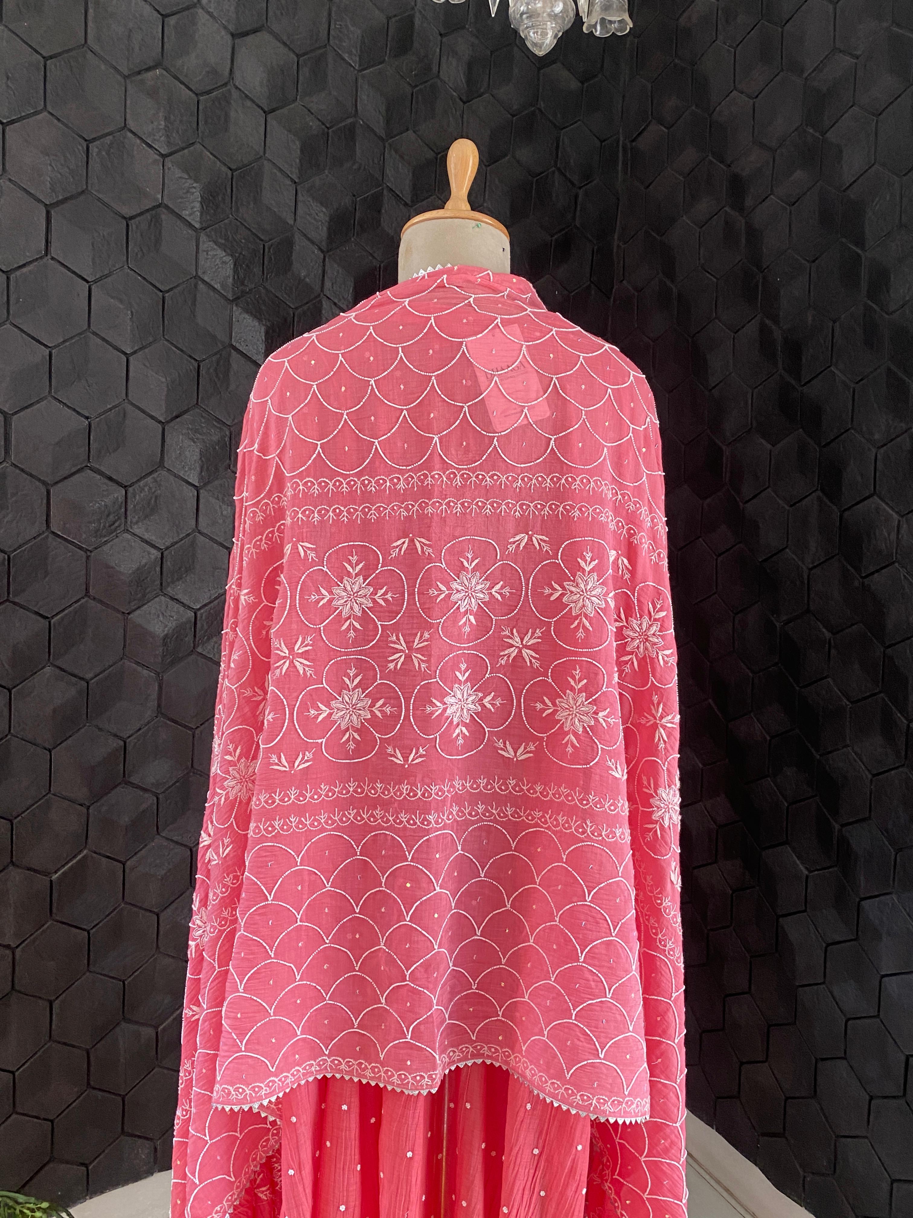 Pink Mul Chanderi Chikankari Anarkali Set
