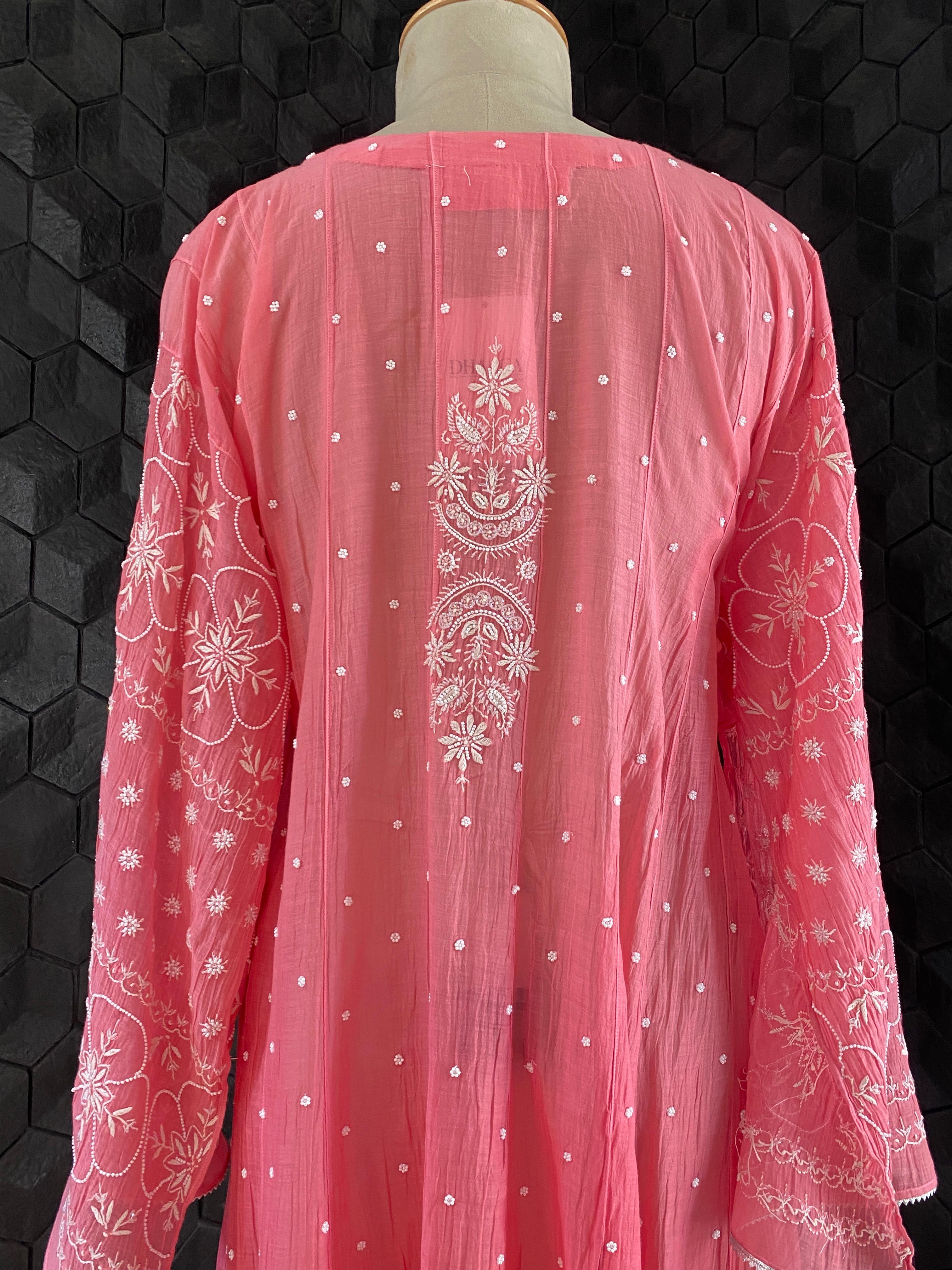 Pink Mul Chanderi Chikankari Anarkali Set