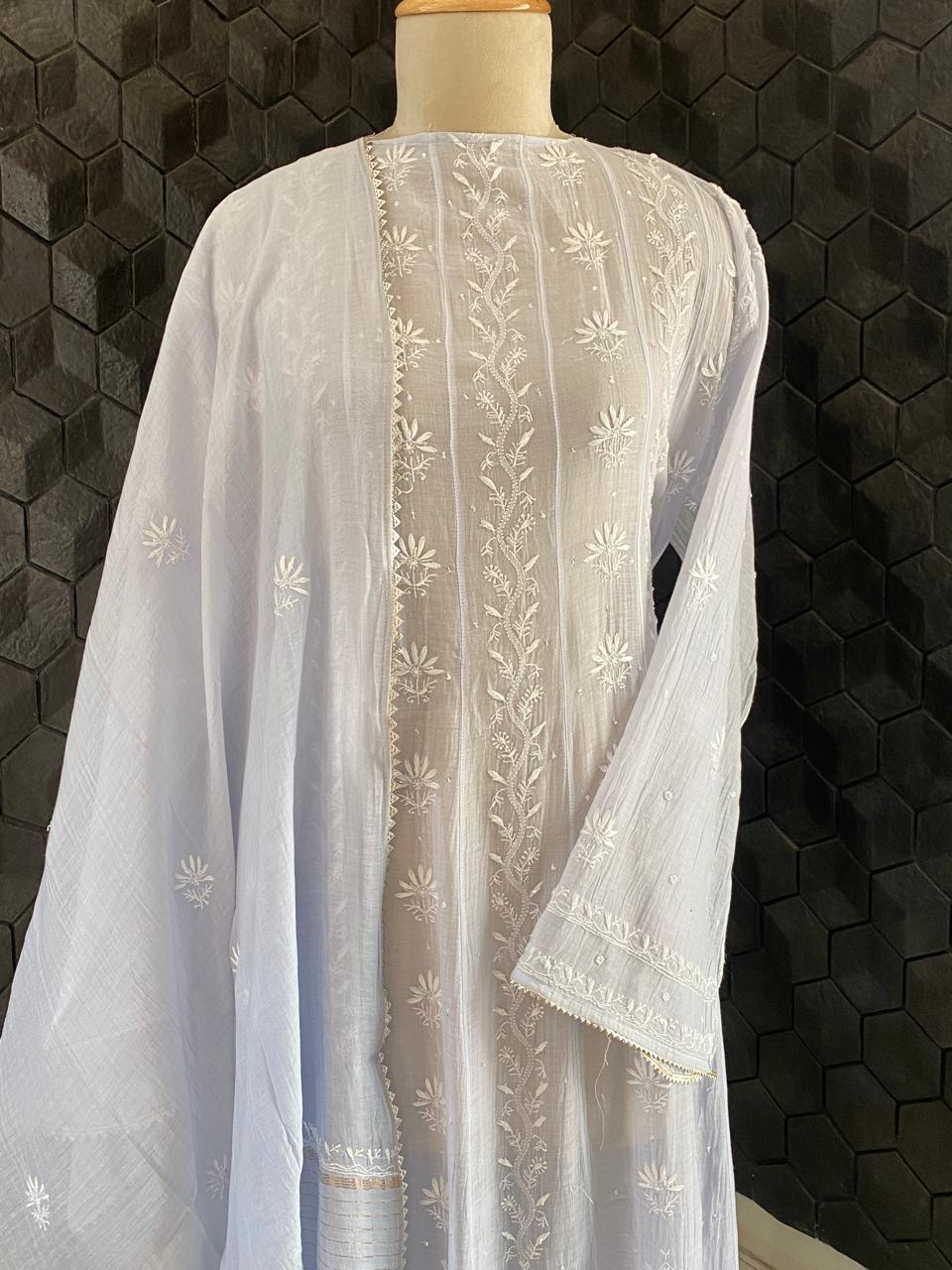 Blue Mul Chanderi Chikankari Anarkali Set