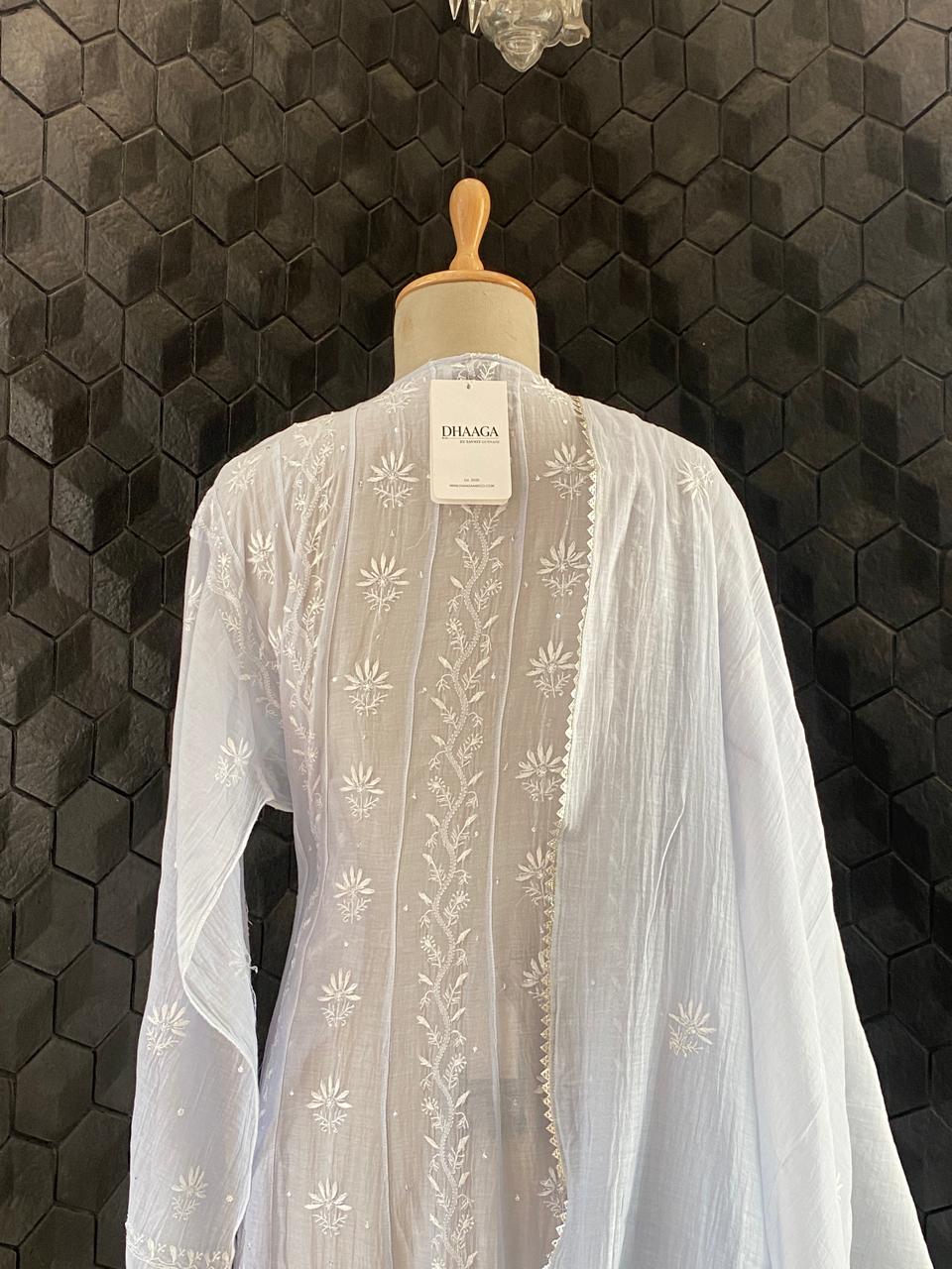 Blue Mul Chanderi Chikankari Anarkali Set