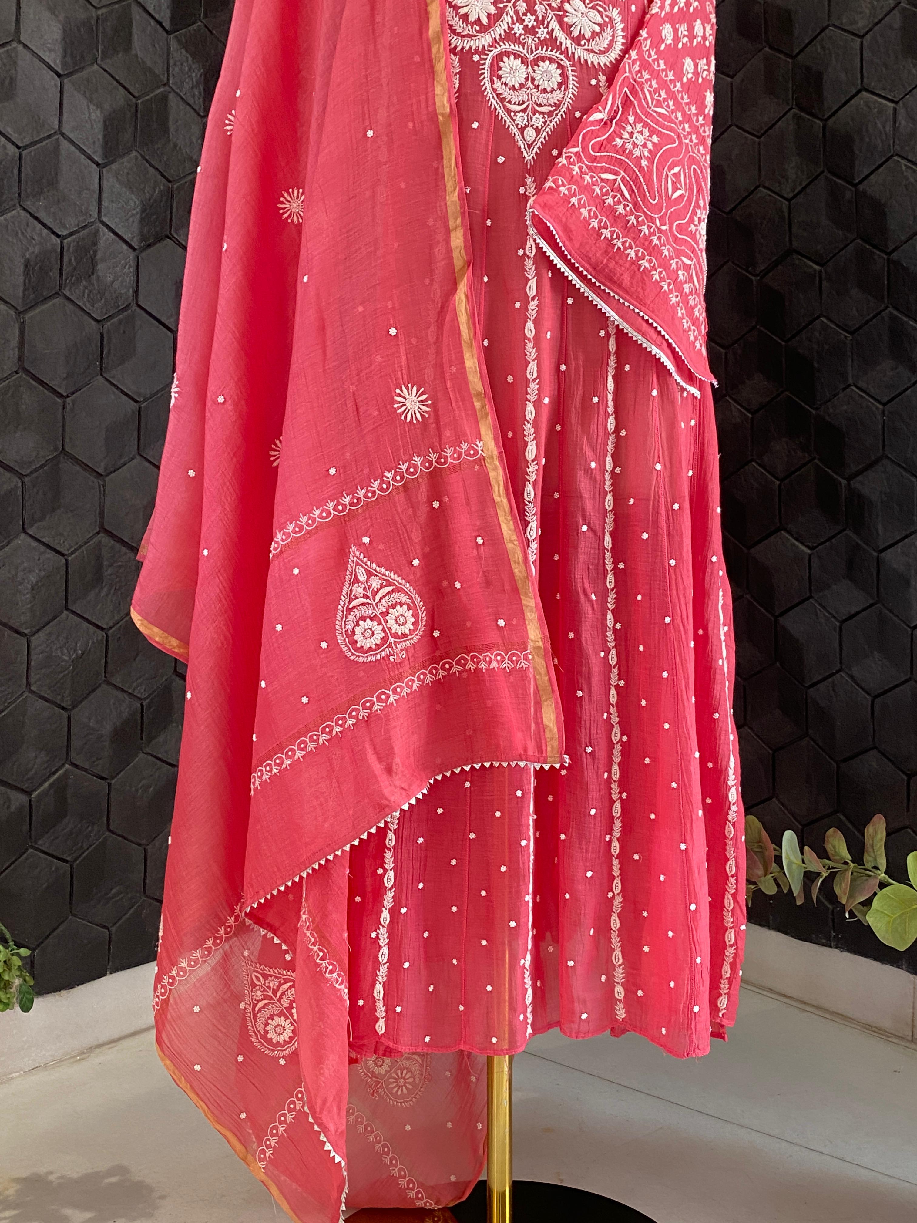 Magenta Mul Chanderi Chikankari Anarkali Set