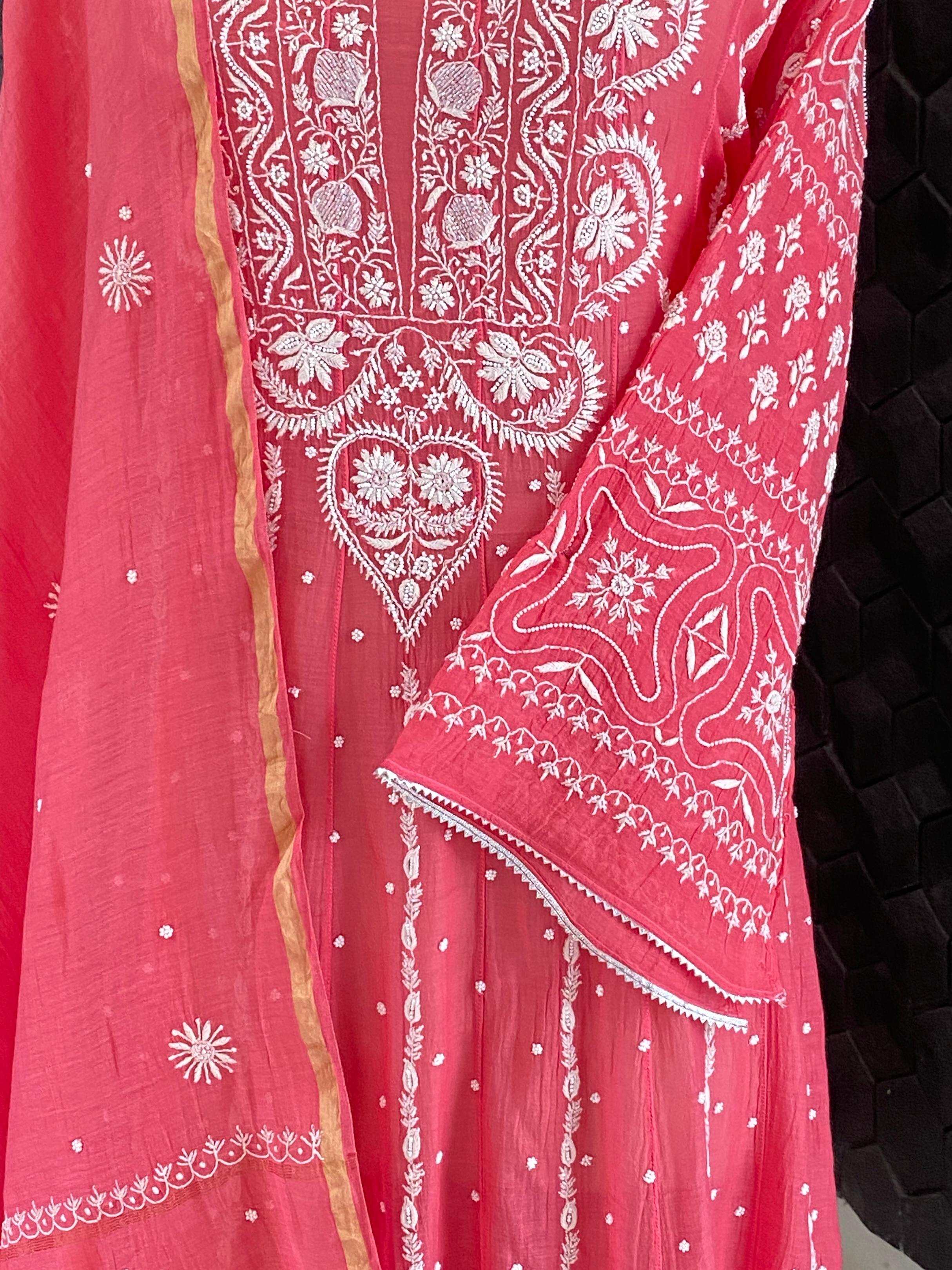 Magenta Mul Chanderi Chikankari Anarkali Set