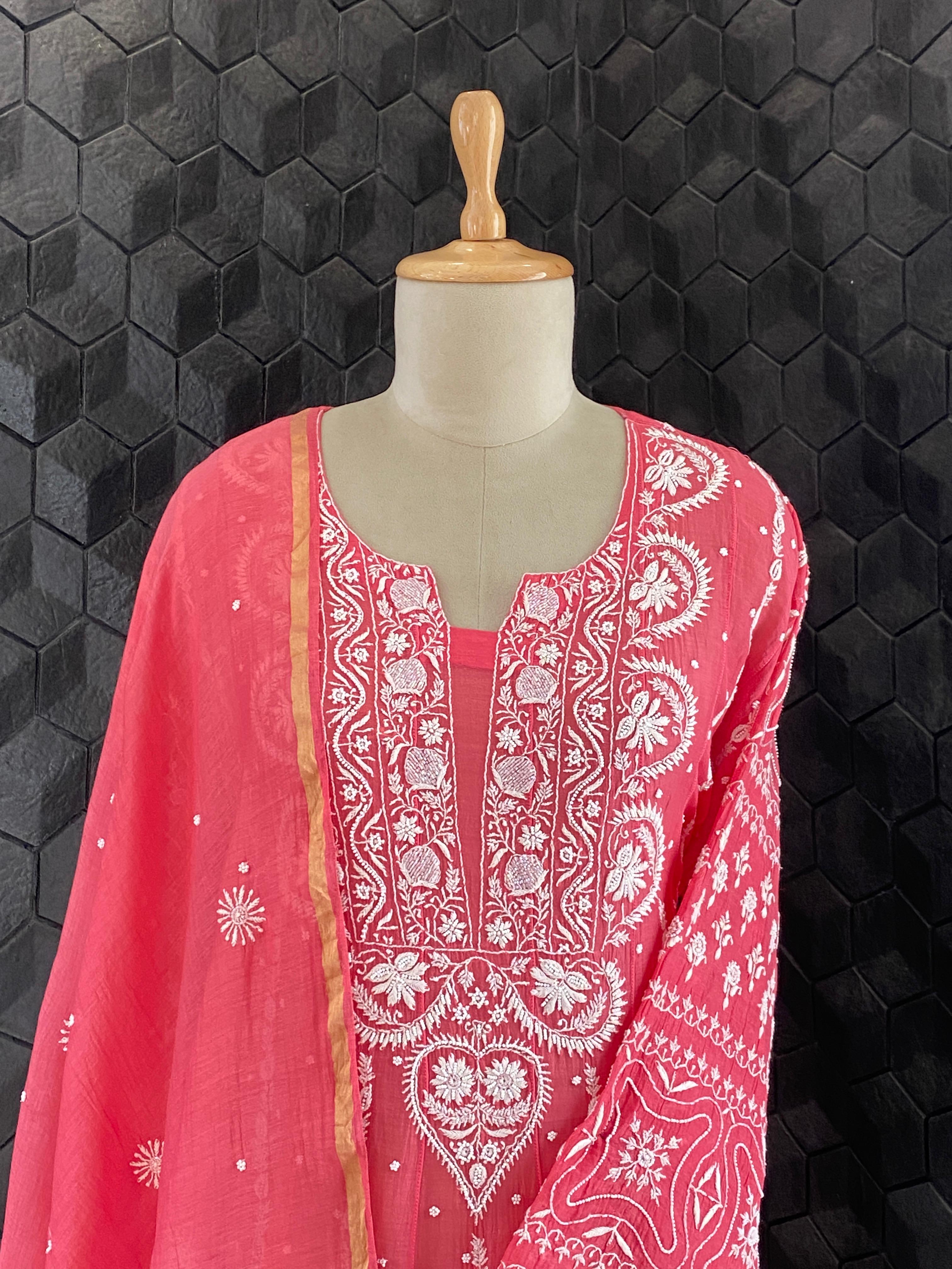 Magenta Mul Chanderi Chikankari Anarkali Set