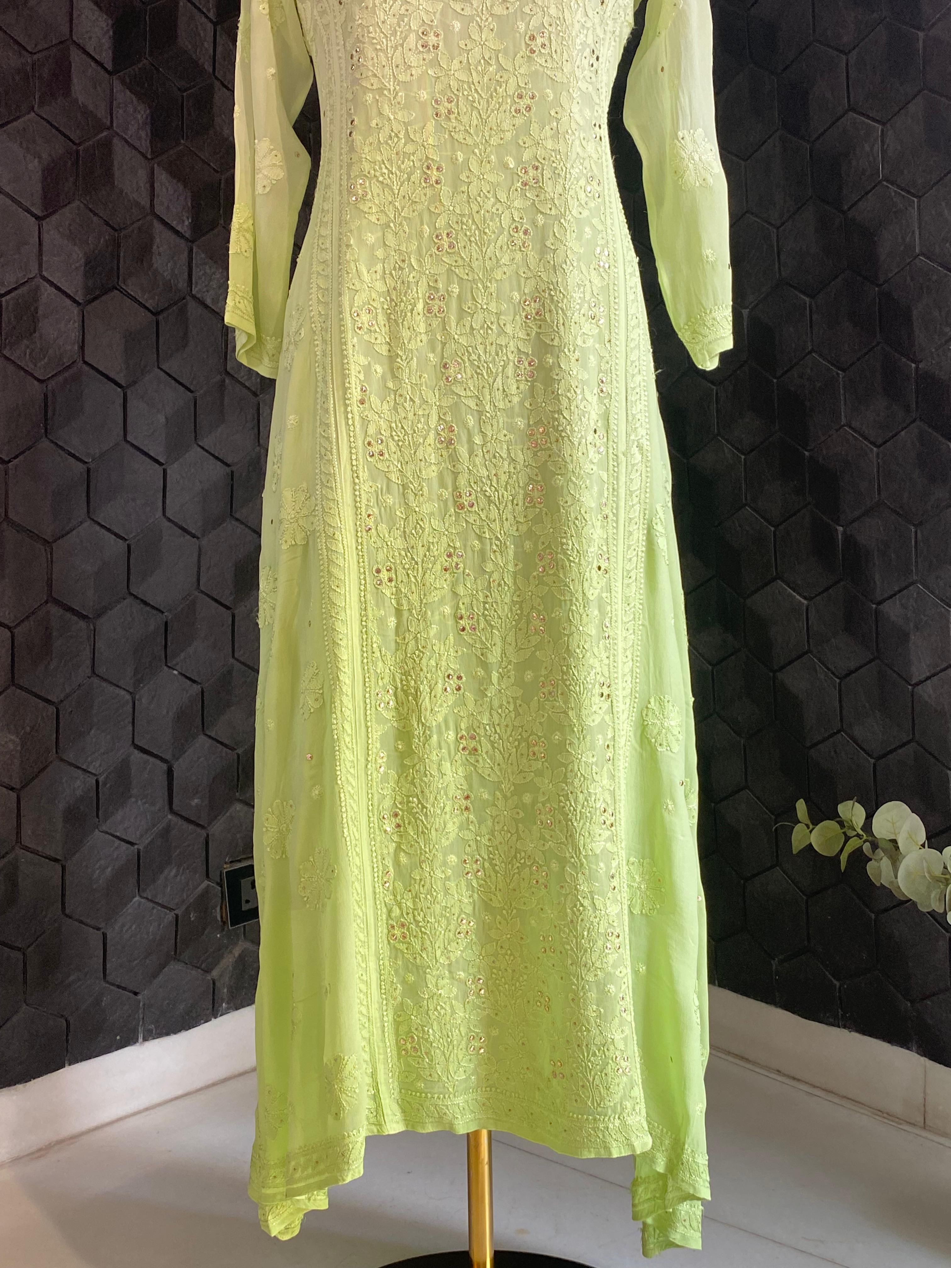 Green  Ombre Viscose Chikankari Anarkali