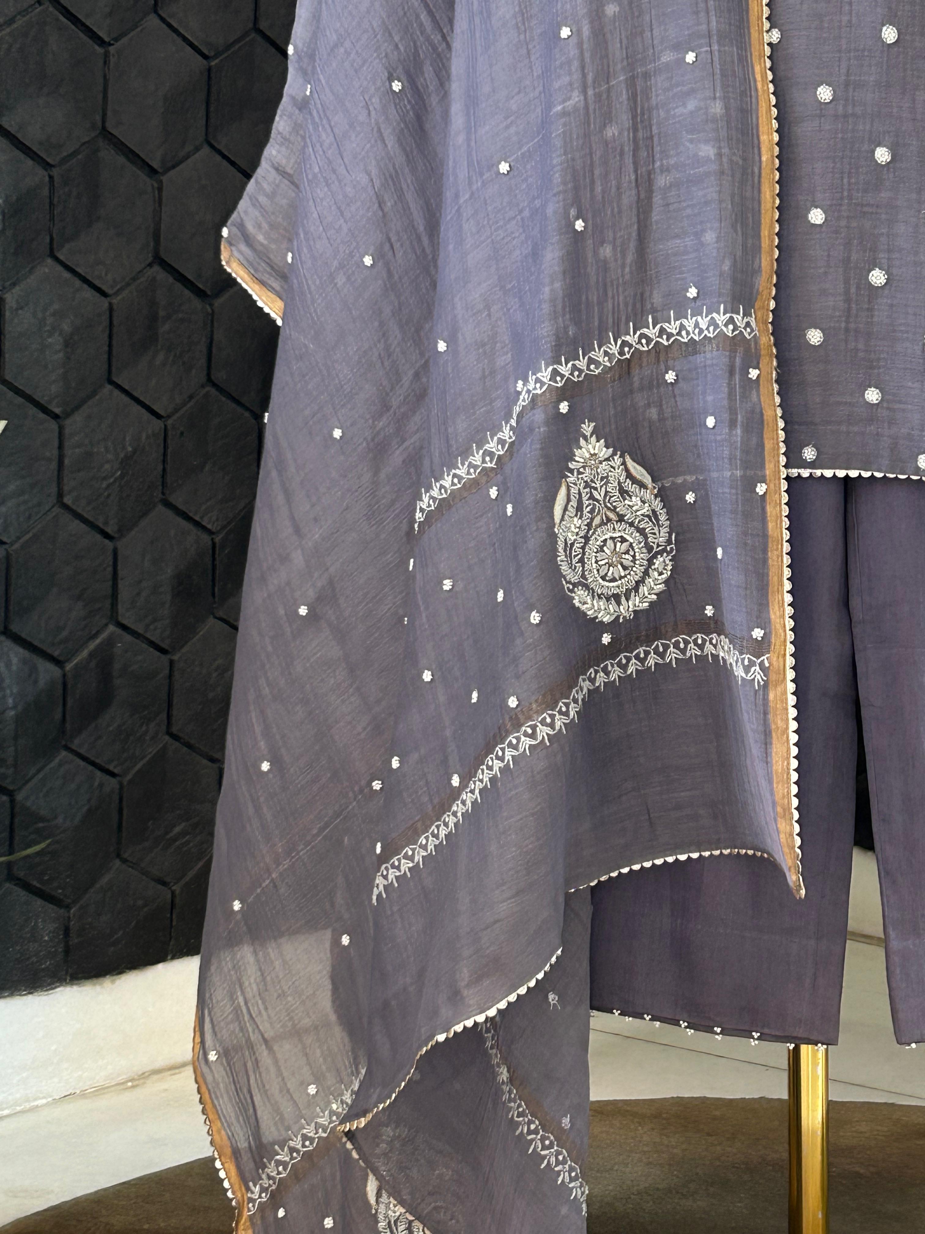 Purple Mul Chanderi Chikankari Kurta Set