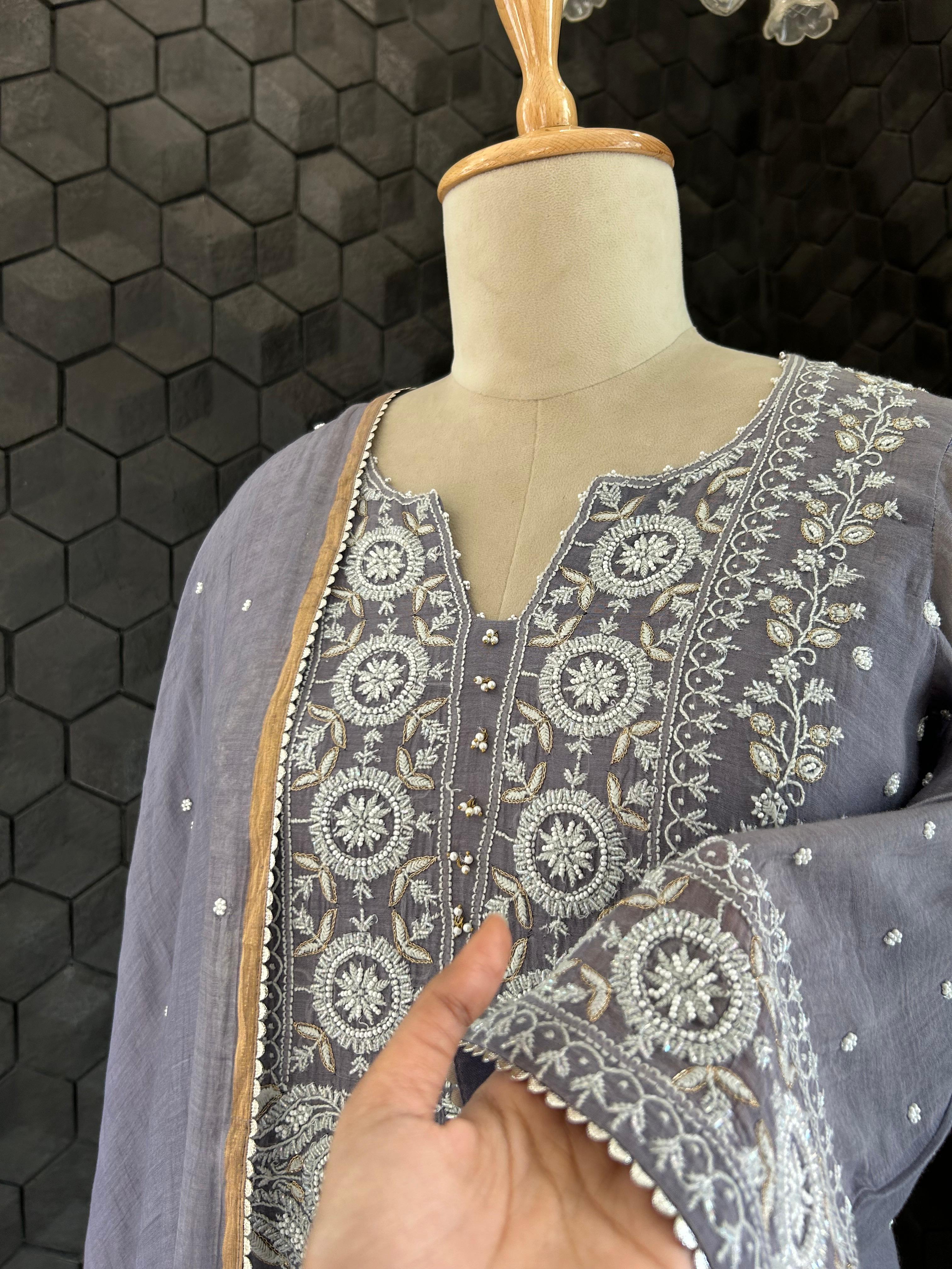 Purple Mul Chanderi Chikankari Kurta Set
