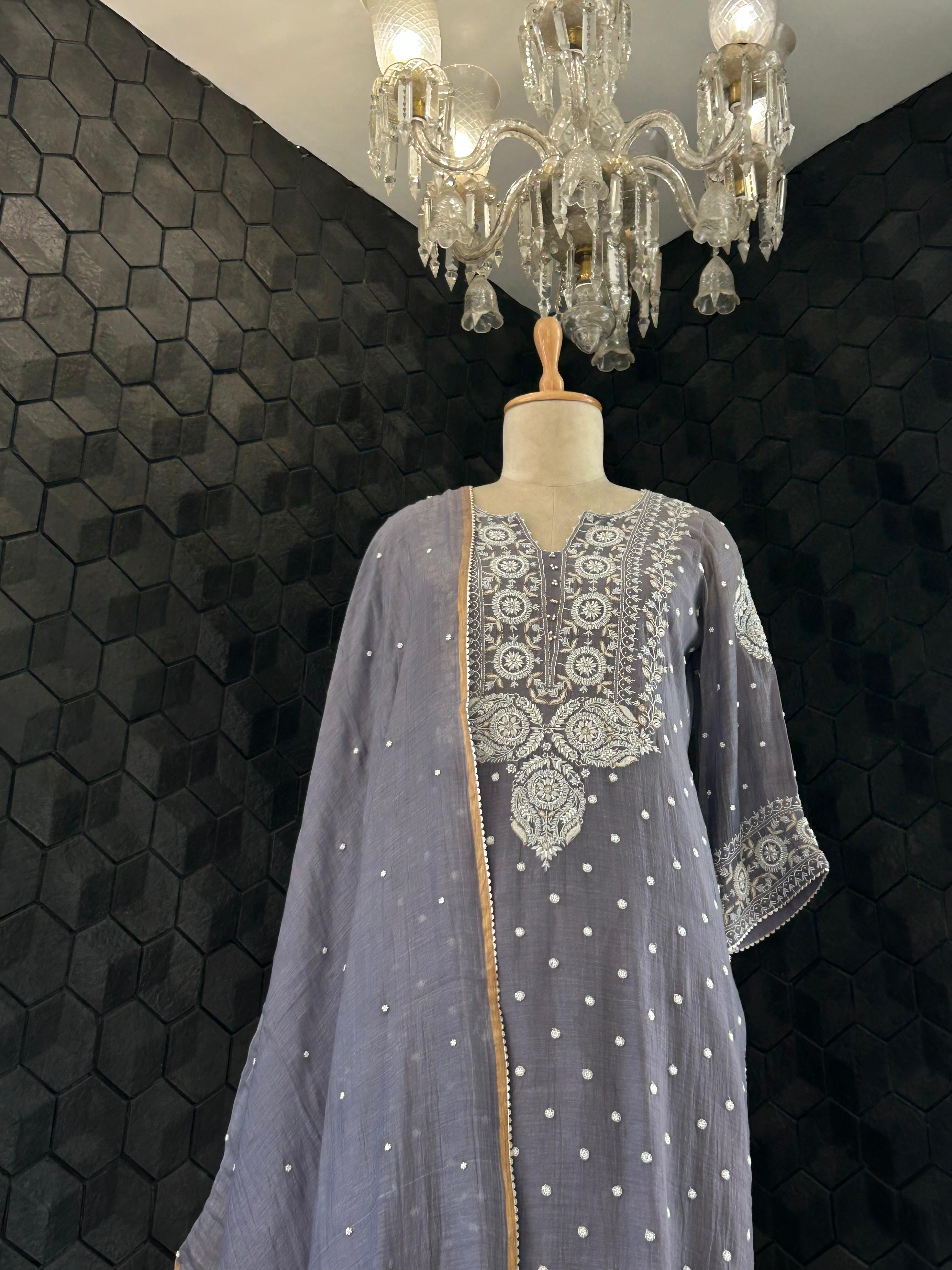 Purple Mul Chanderi Chikankari Kurta Set