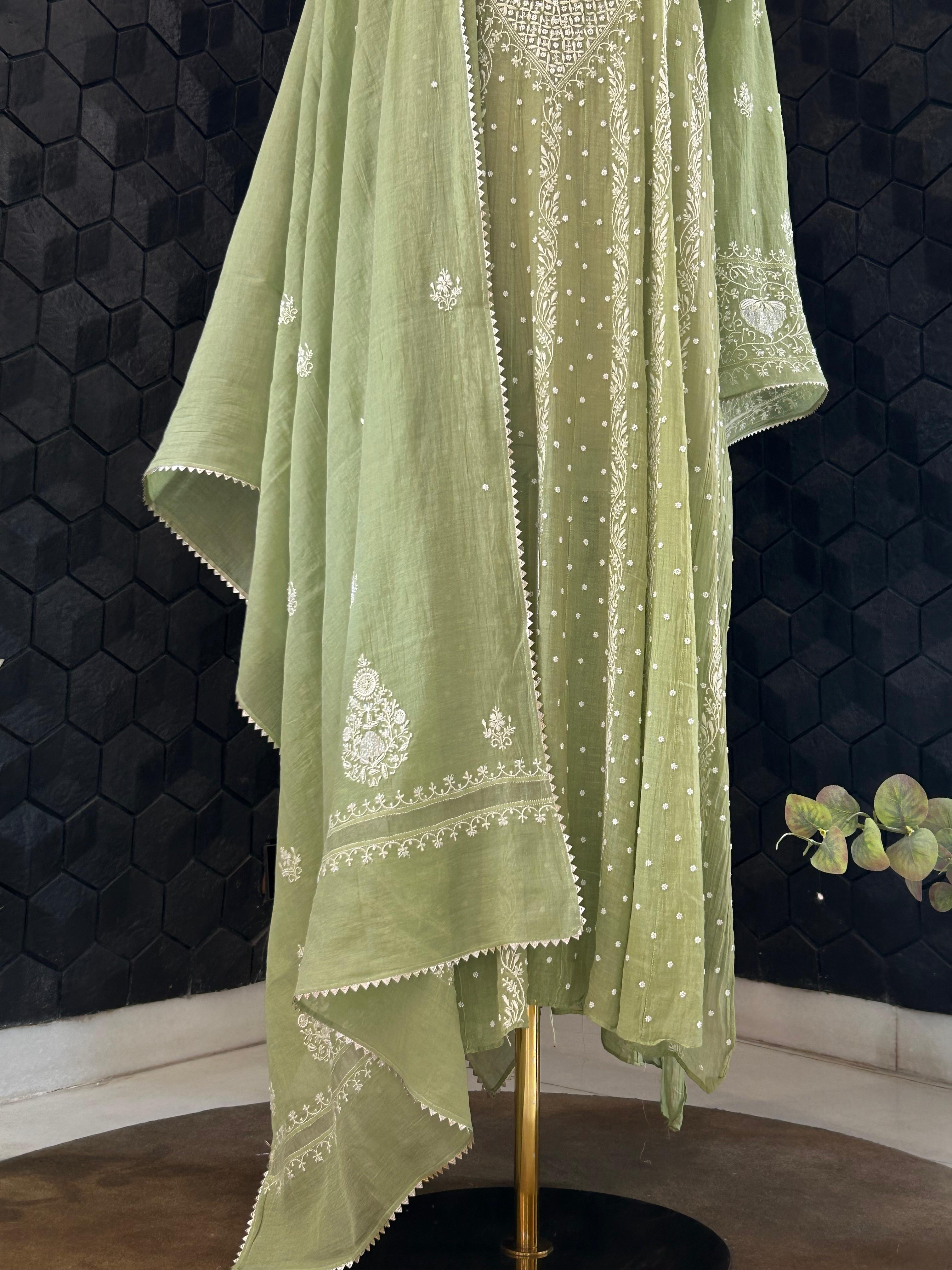 Green Tissue Chikankari Anarkali Set