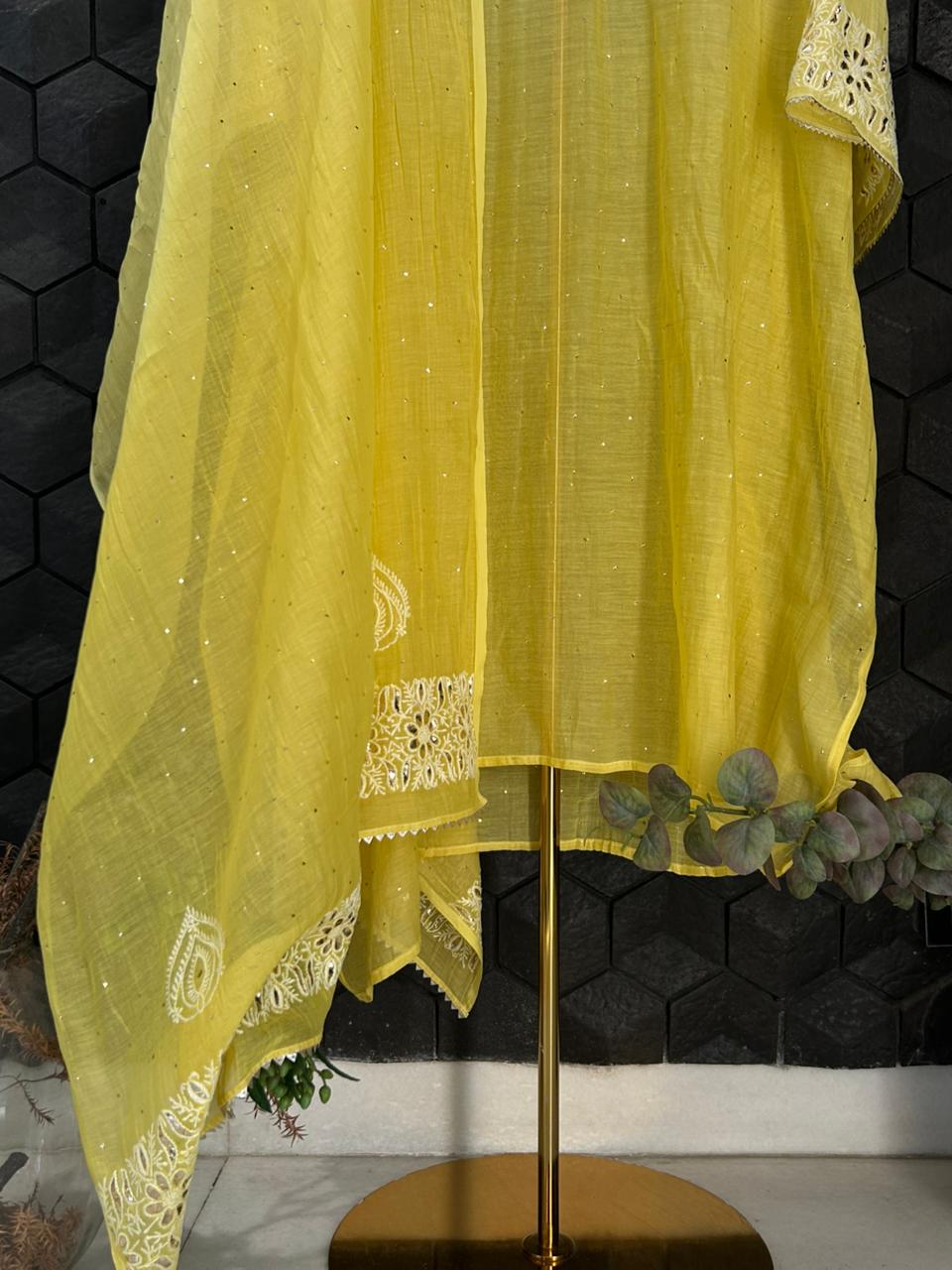 Yellow mul chanderi chikankari mukaish kurta set