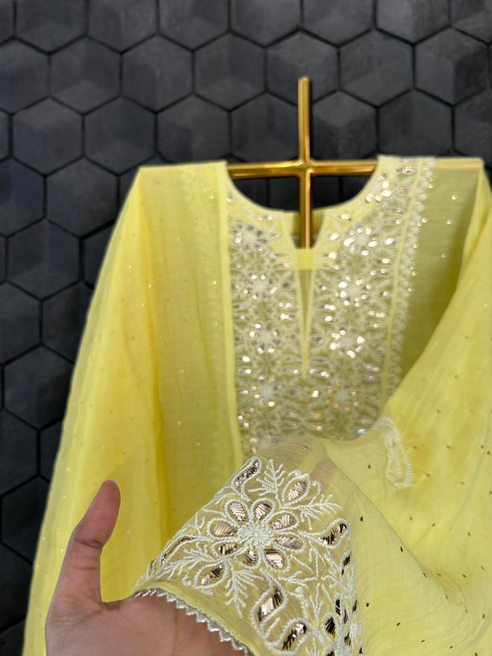 Yellow mul chanderi chikankari mukaish kurta set