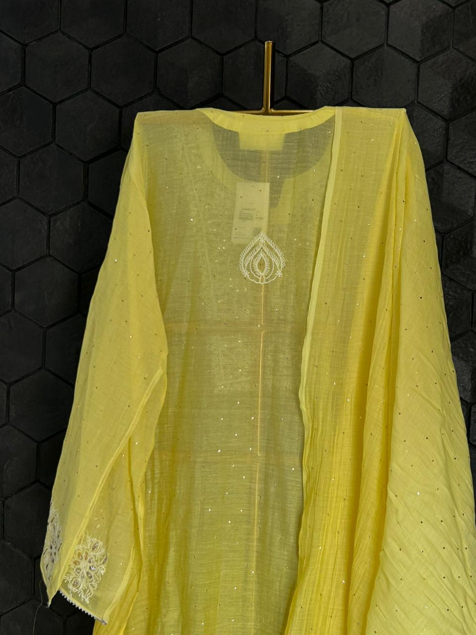 Yellow mul chanderi chikankari mukaish kurta set