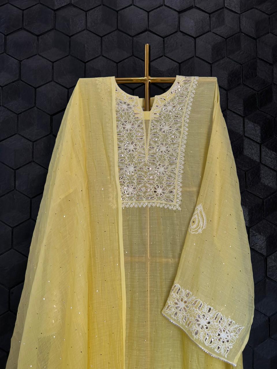 Yellow mul chanderi chikankari mukaish kurta set
