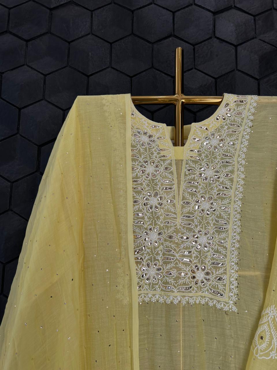 Yellow mul chanderi chikankari mukaish kurta set