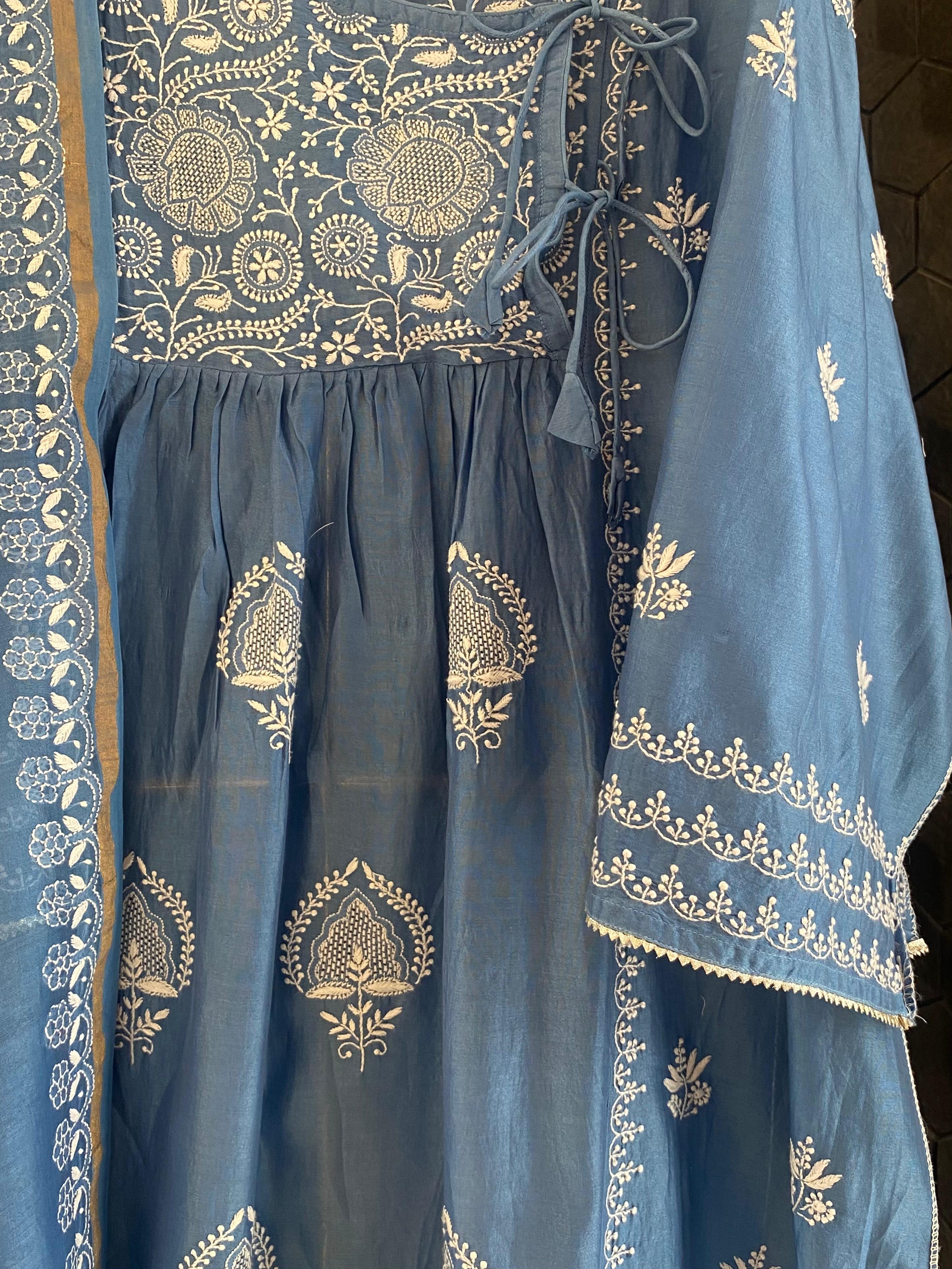 Blue Chanderi Chikankari Angarkha Kurta Set