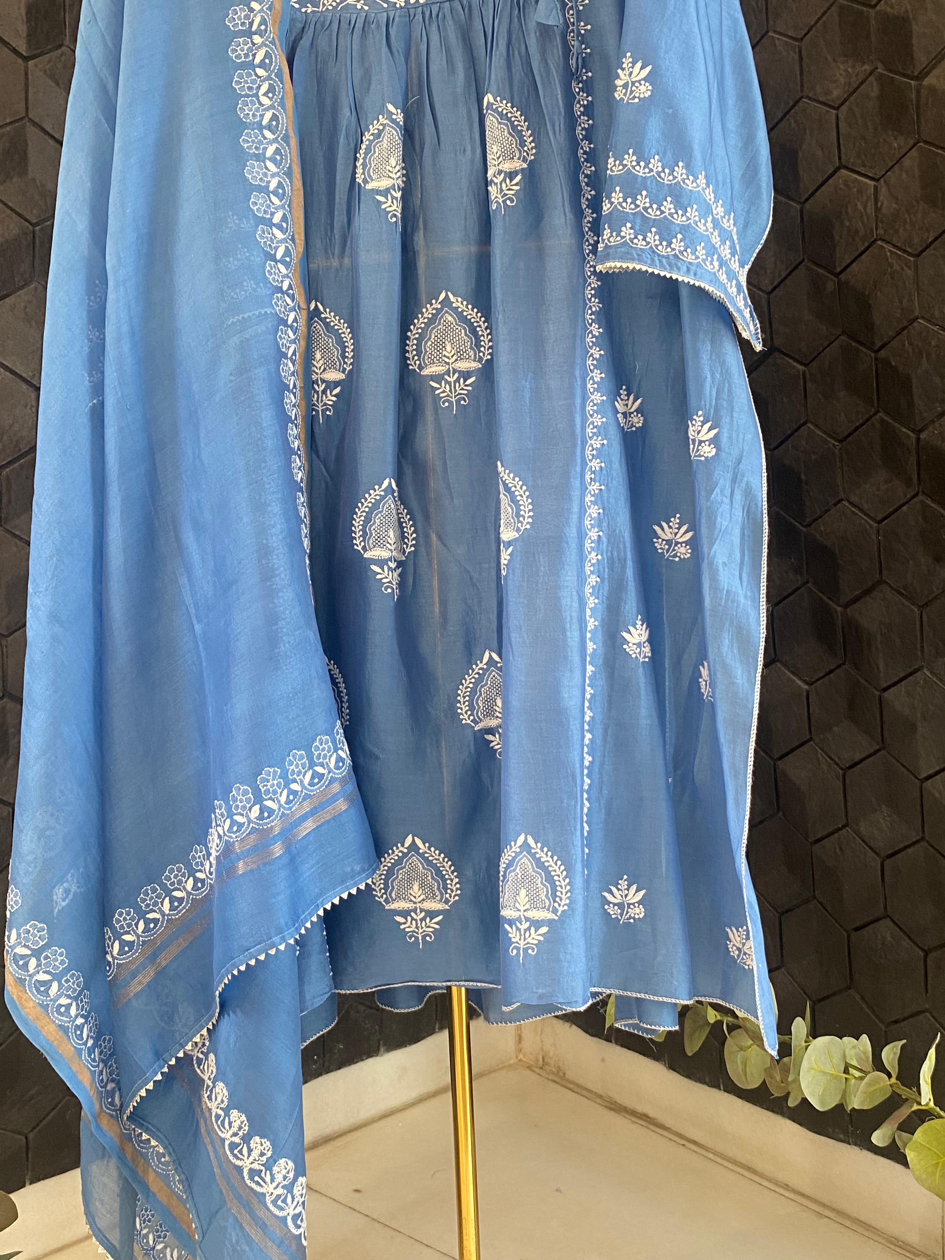 Blue Chanderi Chikankari Angarkha Kurta Set