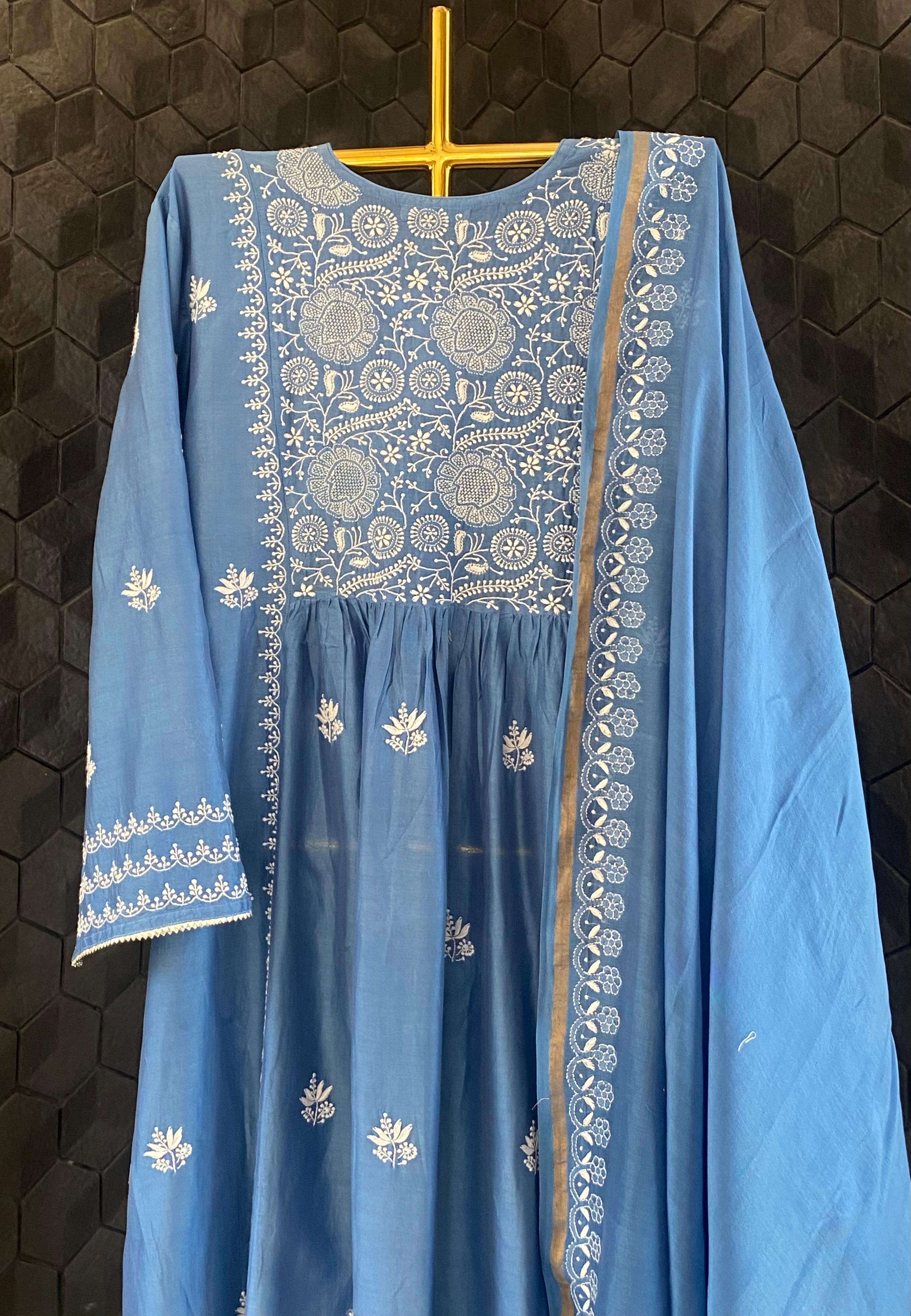 Blue Chanderi Chikankari Angarkha Kurta Set