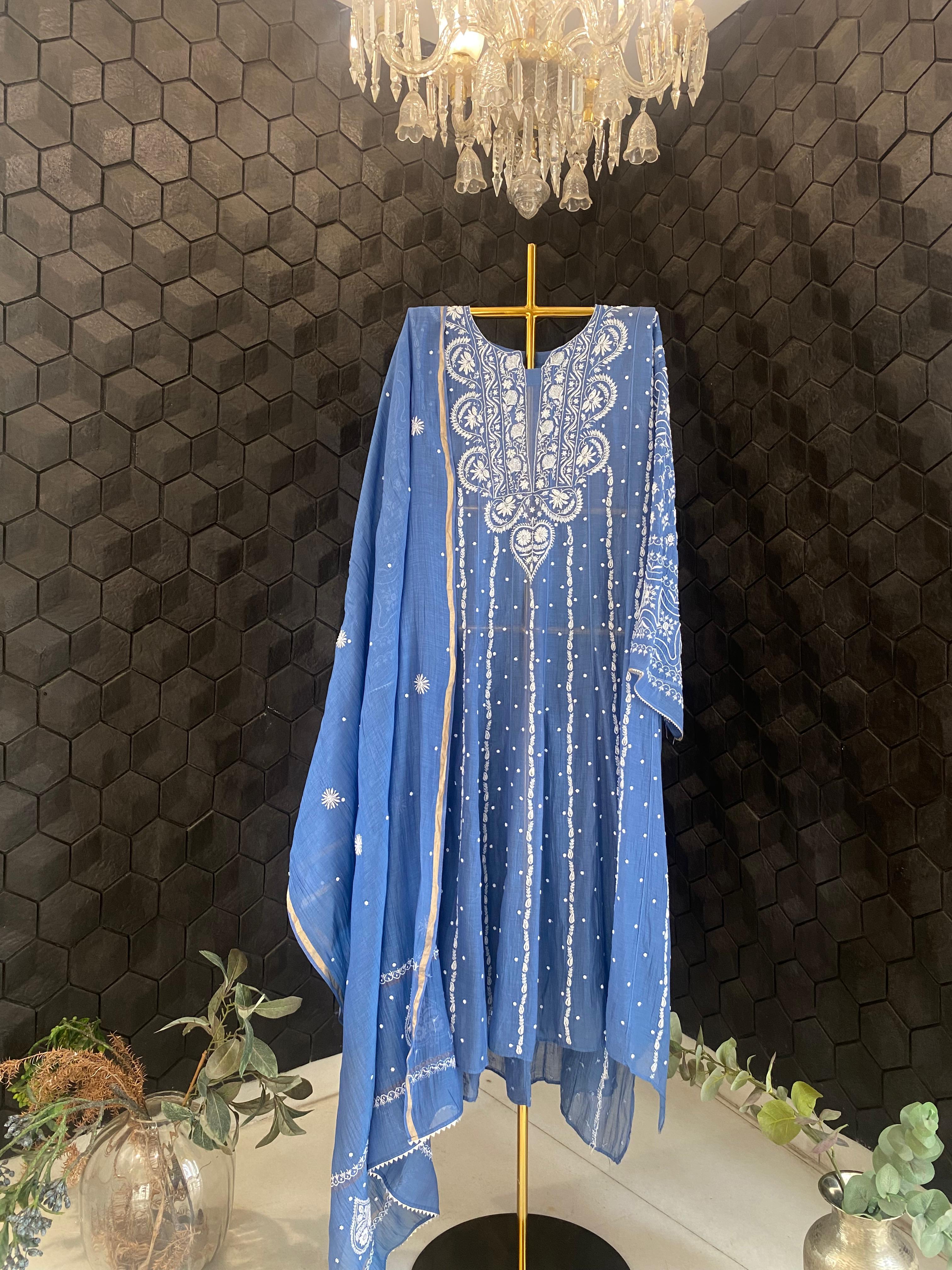 Blue Mul Chanderi Chikankari Anarkali Set