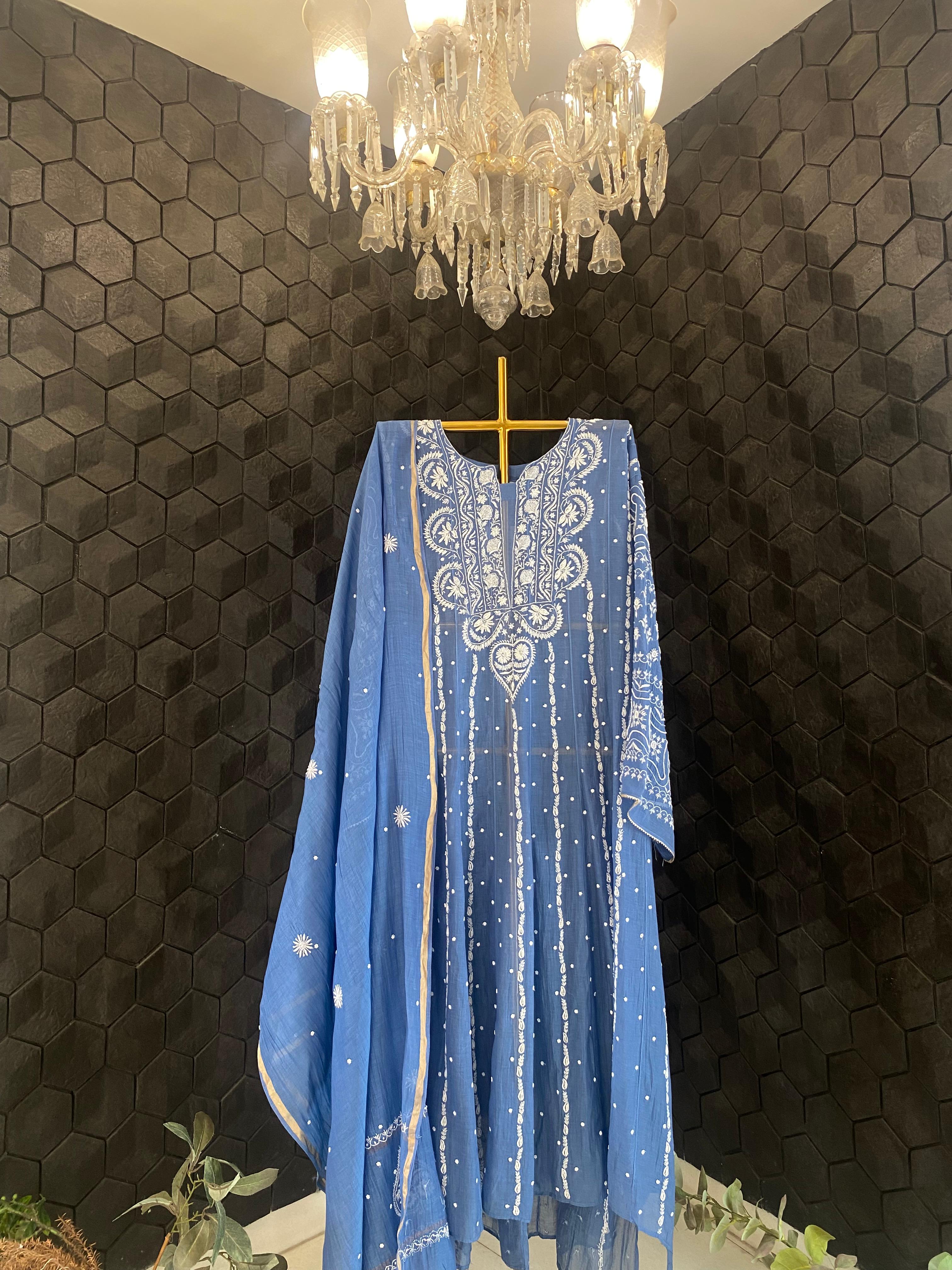 Blue Mul Chanderi Chikankari Anarkali Set