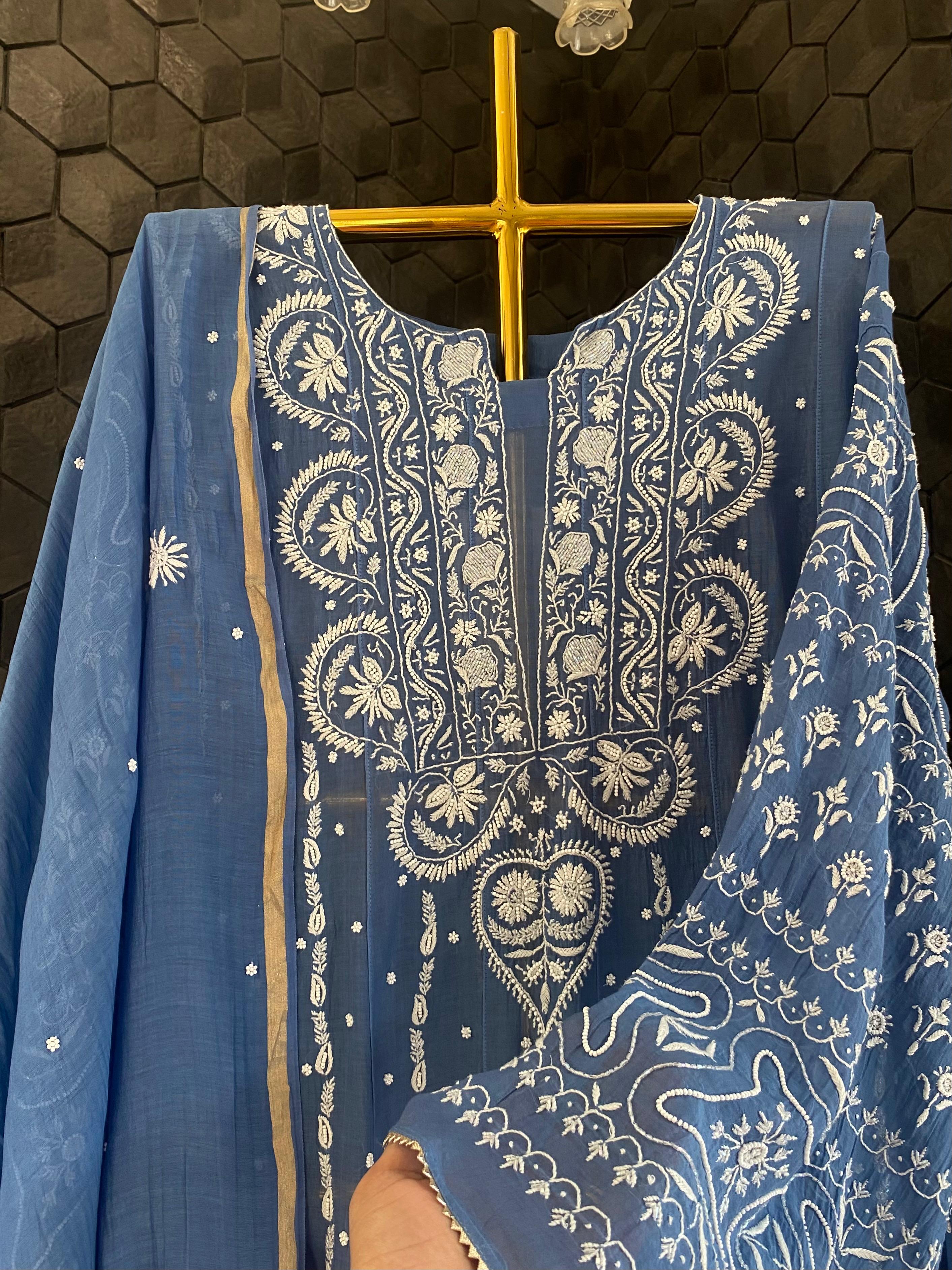 Blue Mul Chanderi Chikankari Anarkali Set