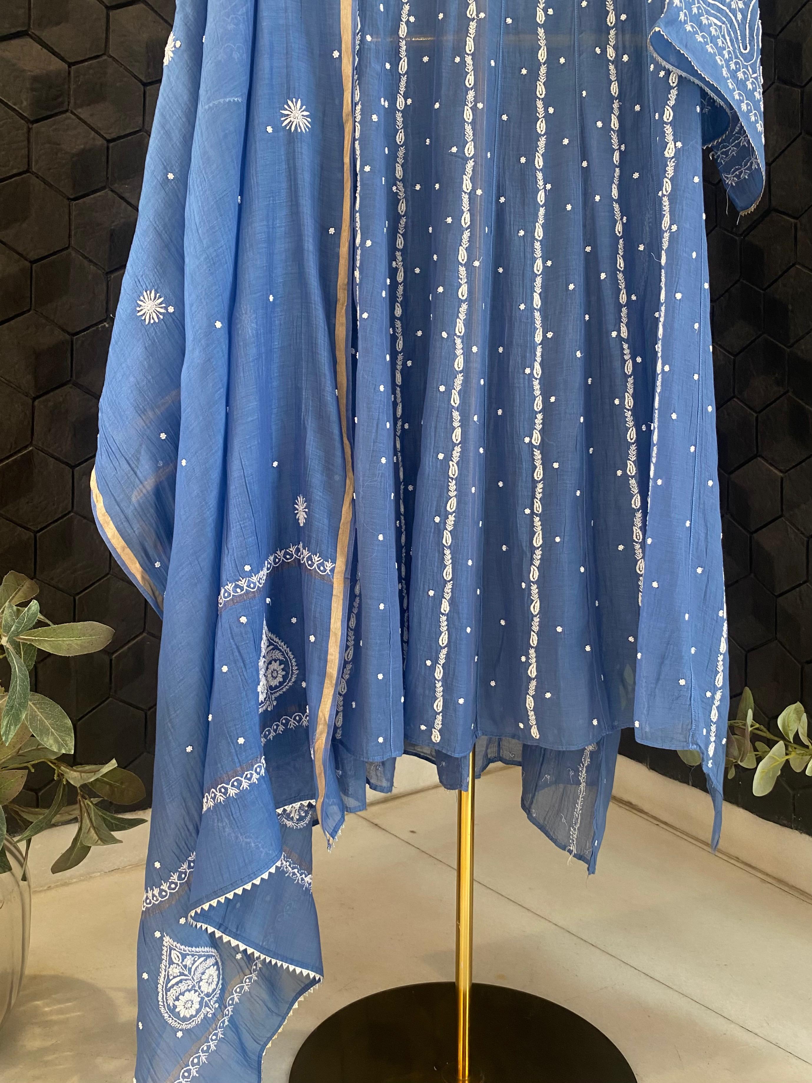 Blue Mul Chanderi Chikankari Anarkali Set