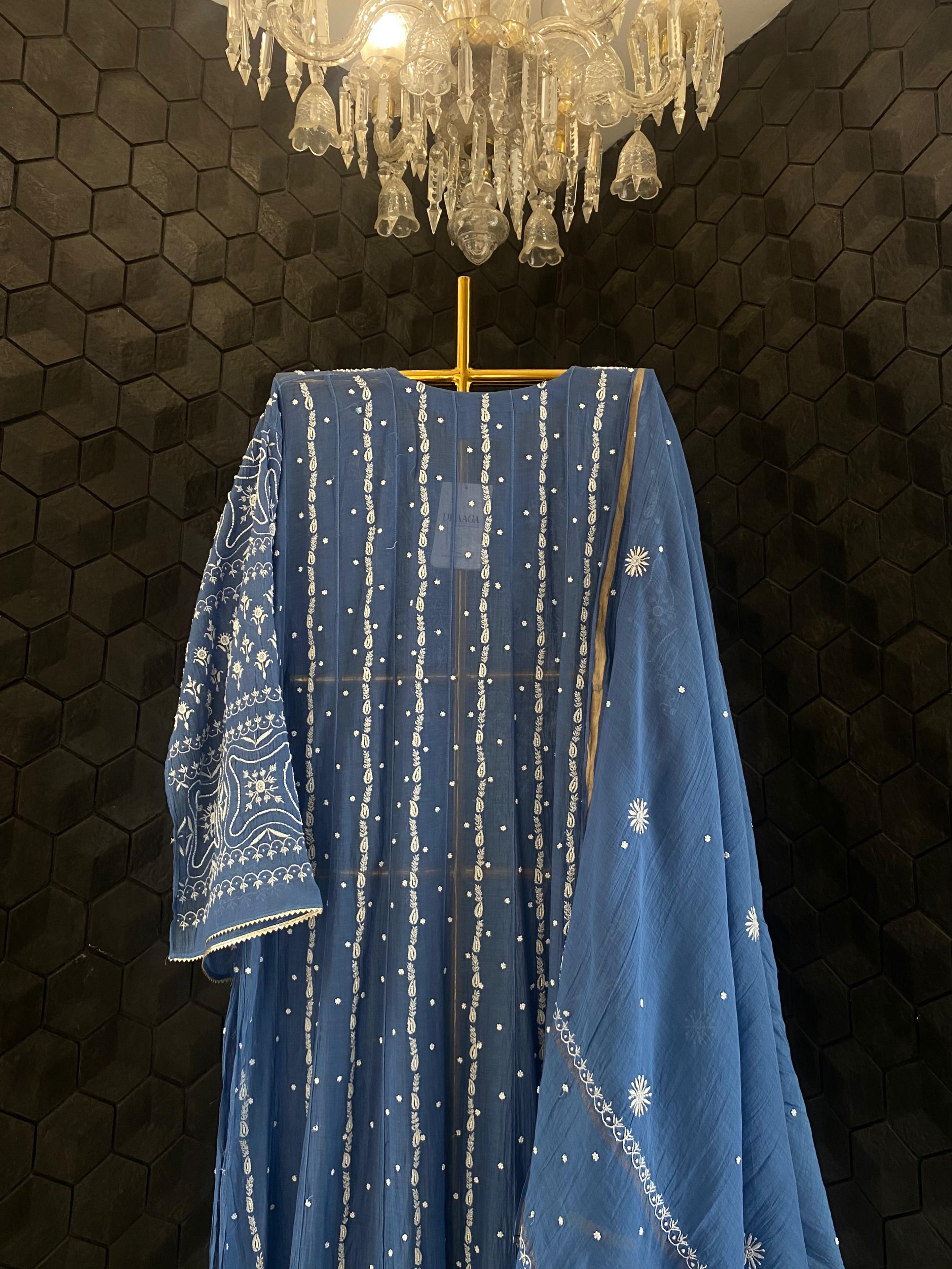Blue Mul Chanderi Chikankari Anarkali Set