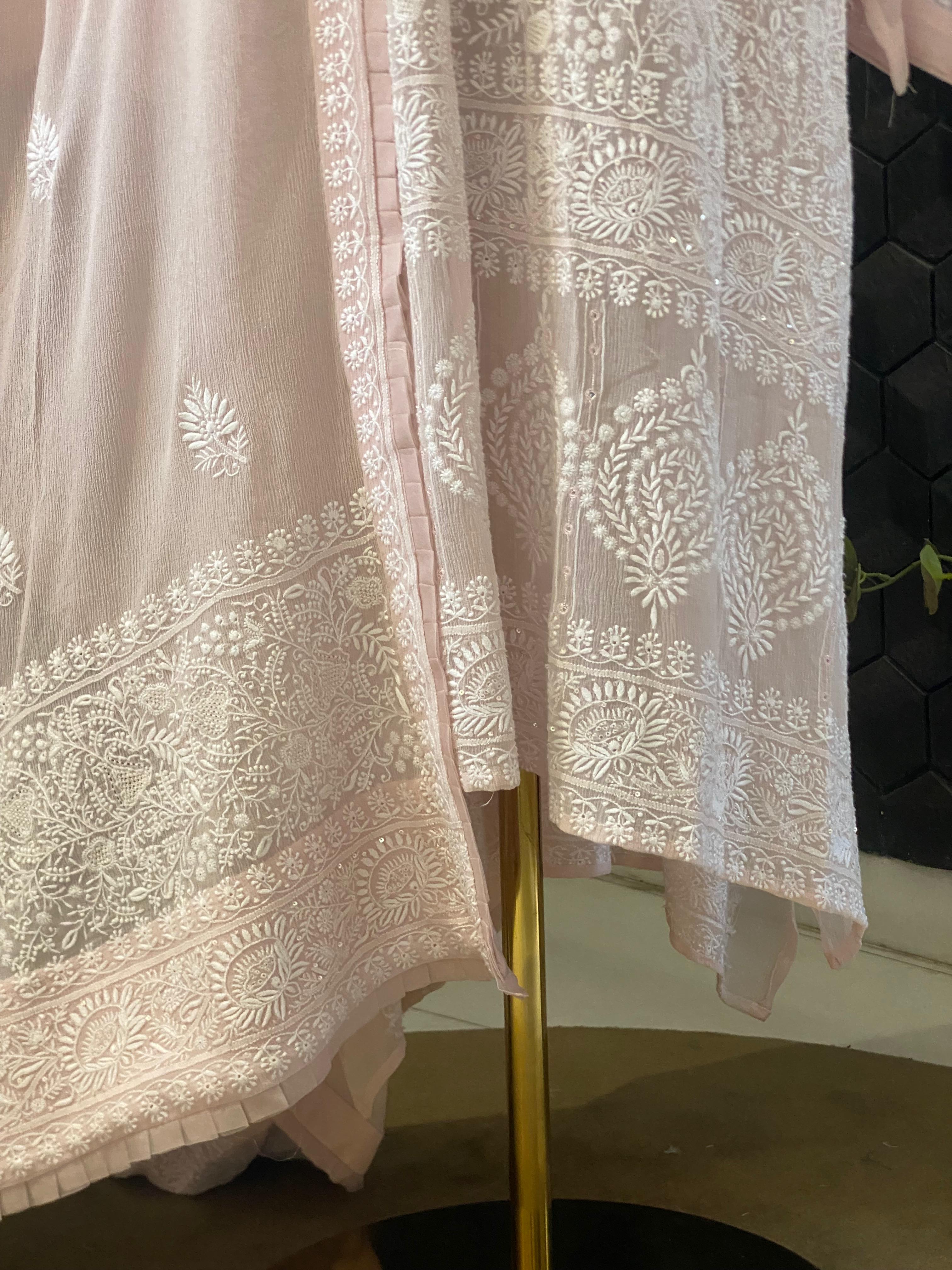 Pink Chiffon chikankari kurta set
