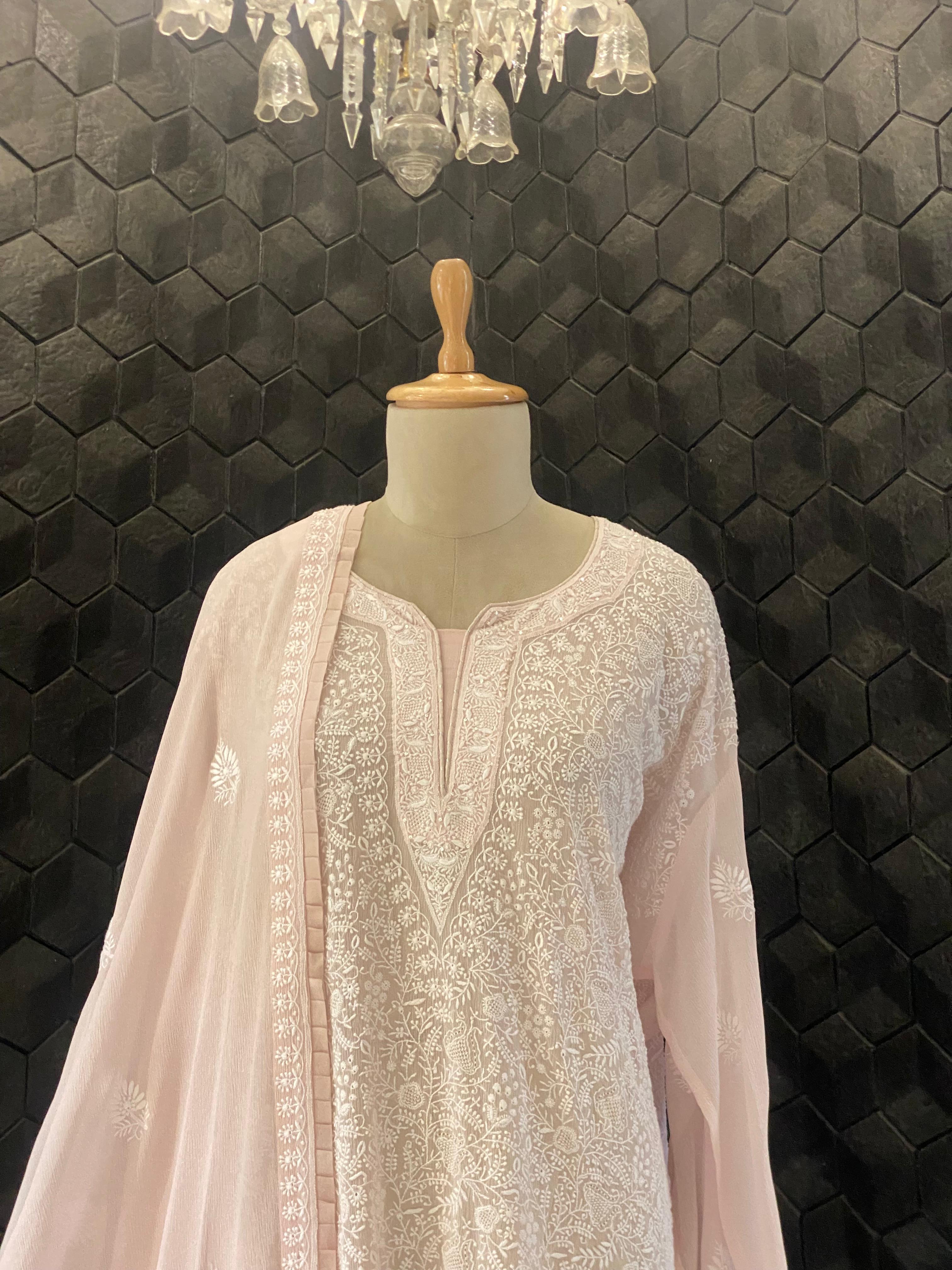 Pink Chiffon chikankari kurta set