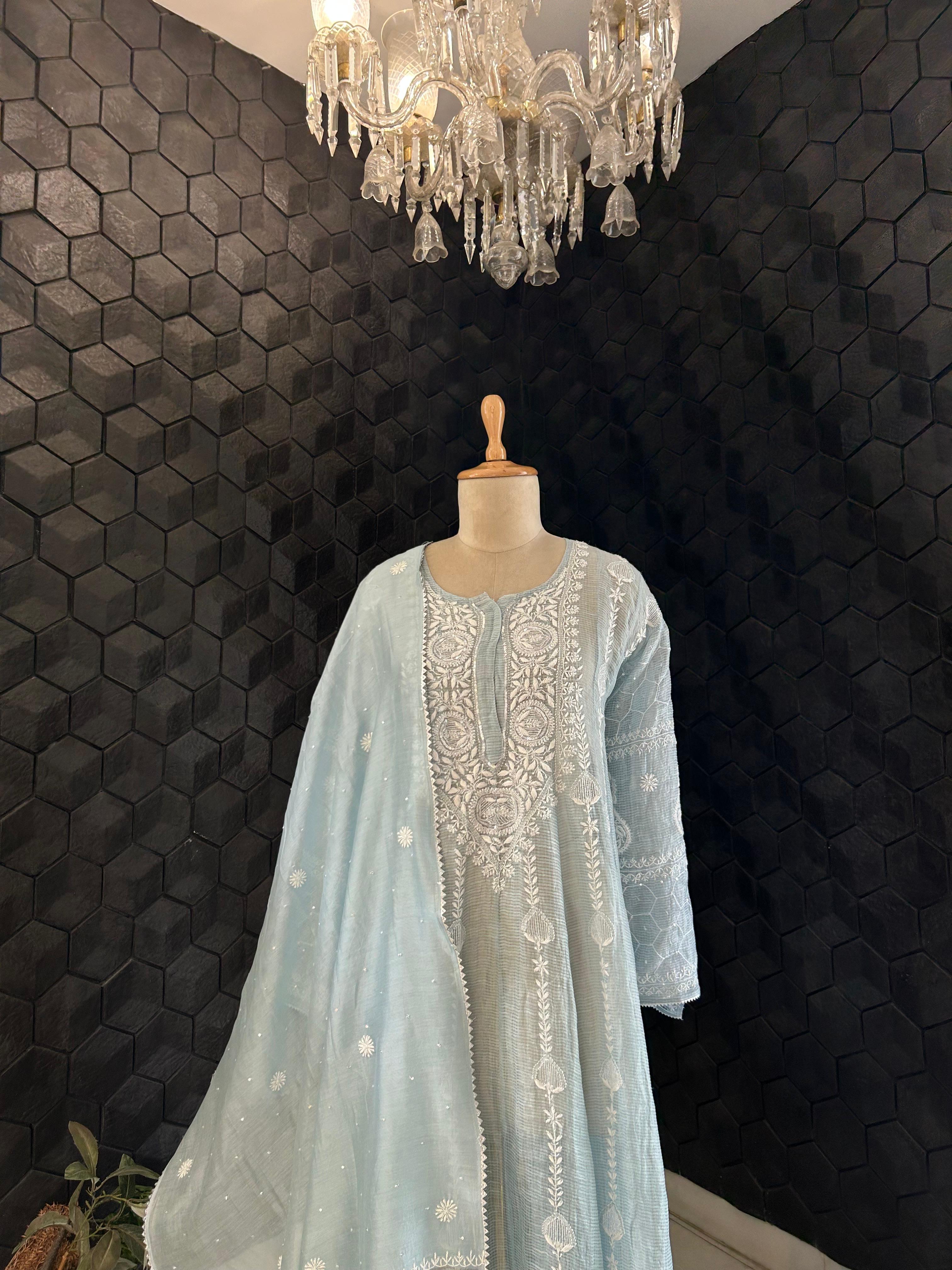 Silver Blue Tissue Kota Chikankari Anarkali Set