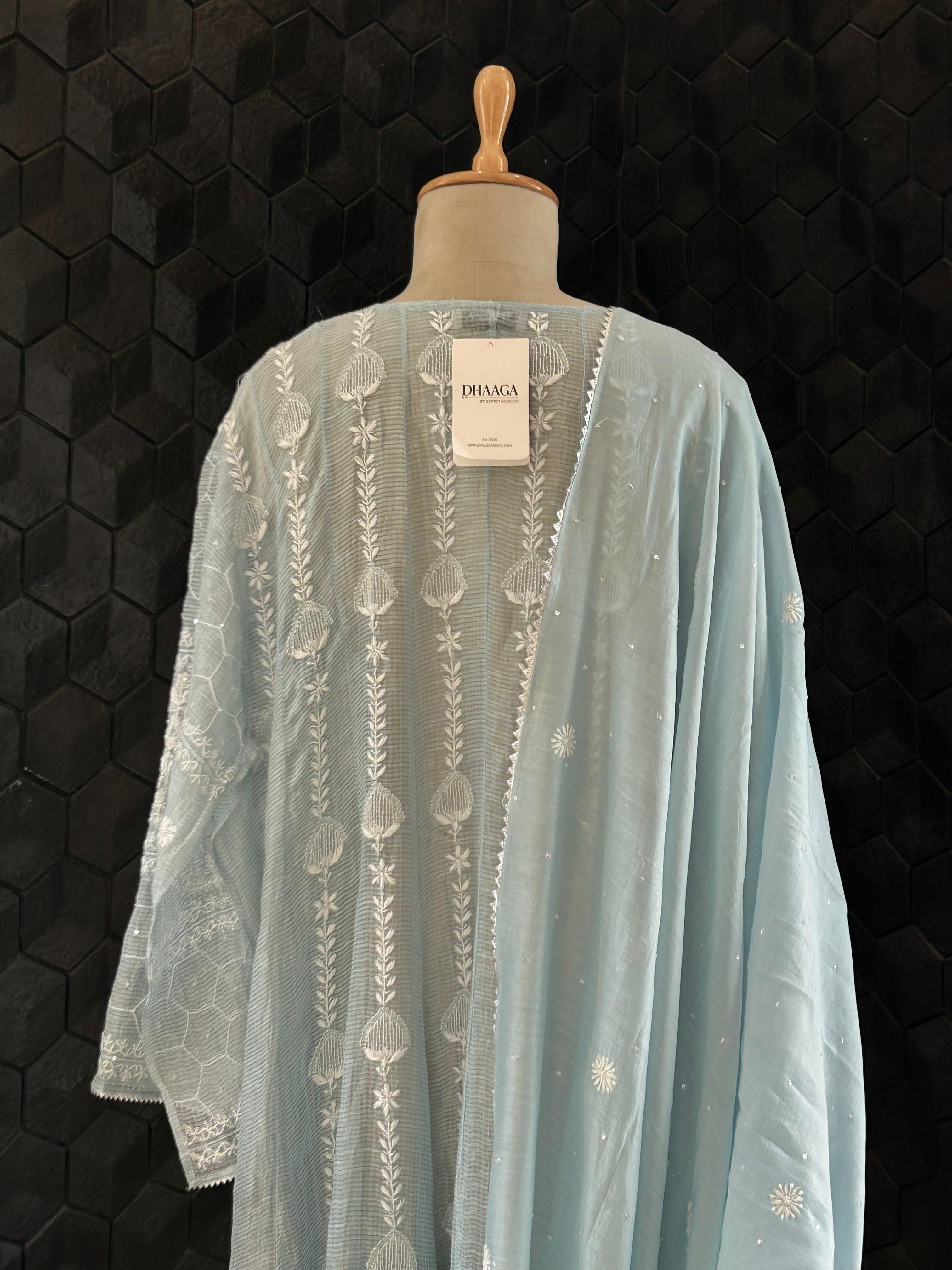 Silver Blue Tissue Kota Chikankari Anarkali Set