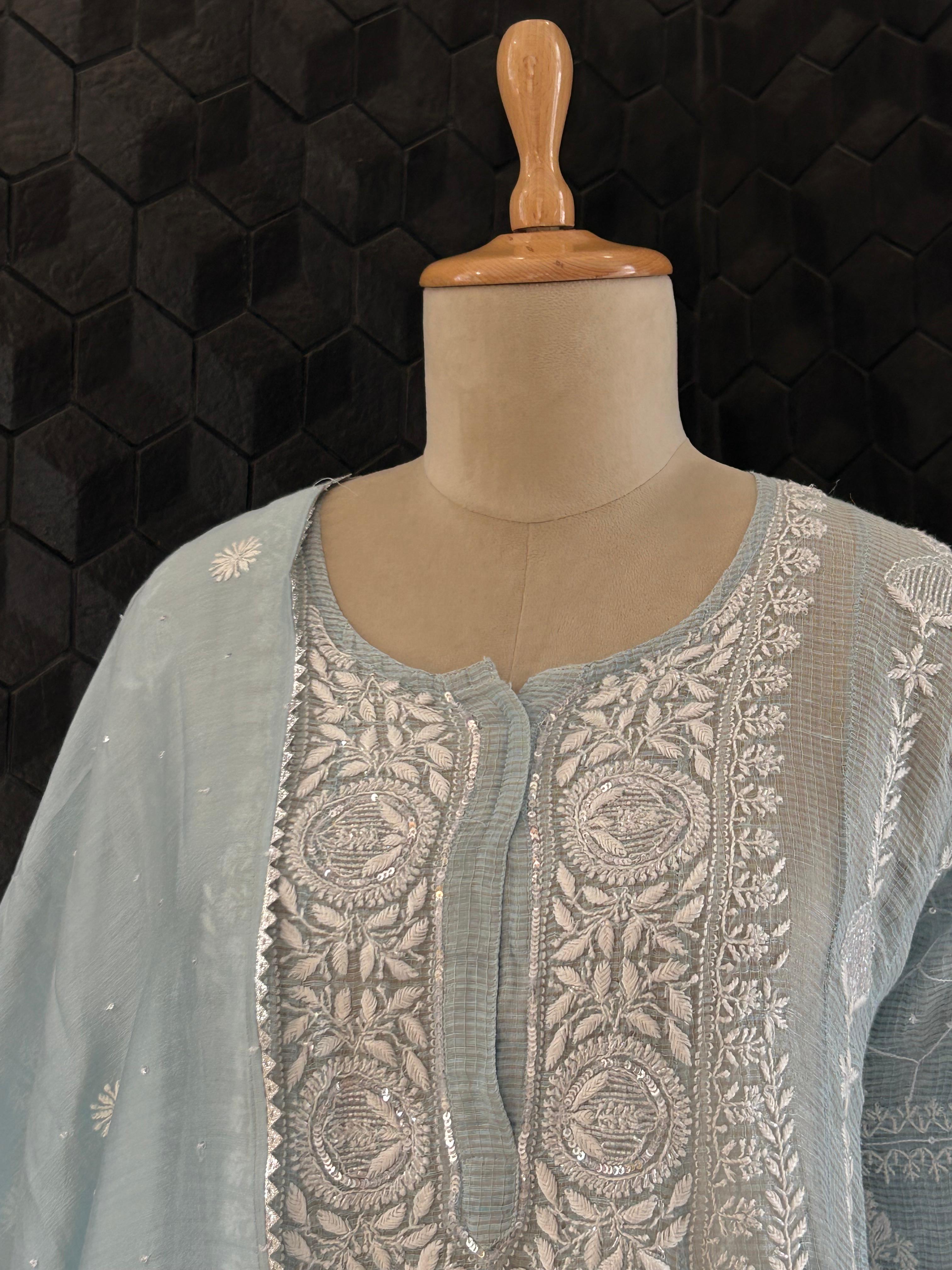 Silver Blue Tissue Kota Chikankari Anarkali Set