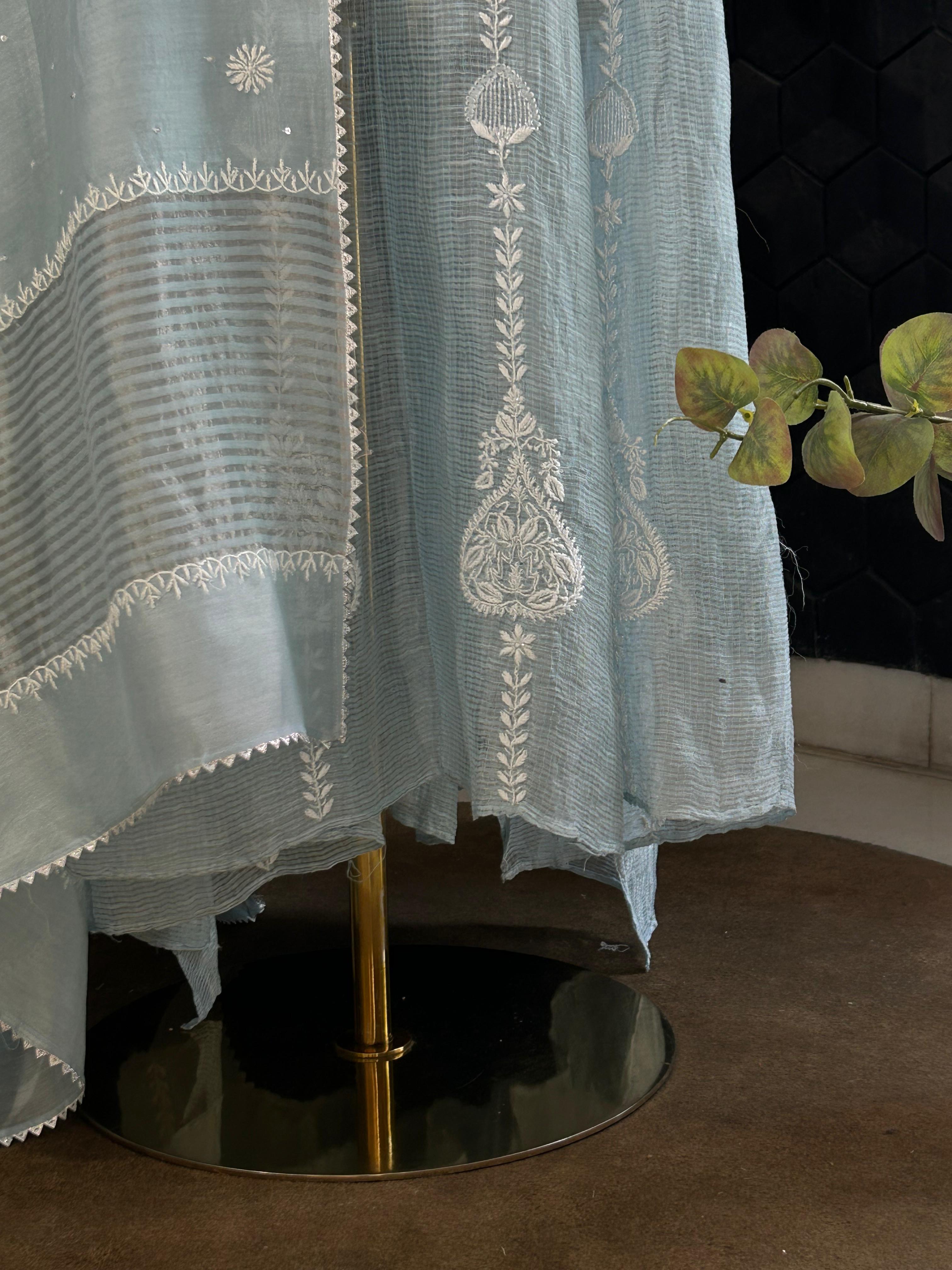 Silver Blue Tissue Kota Chikankari Anarkali Set