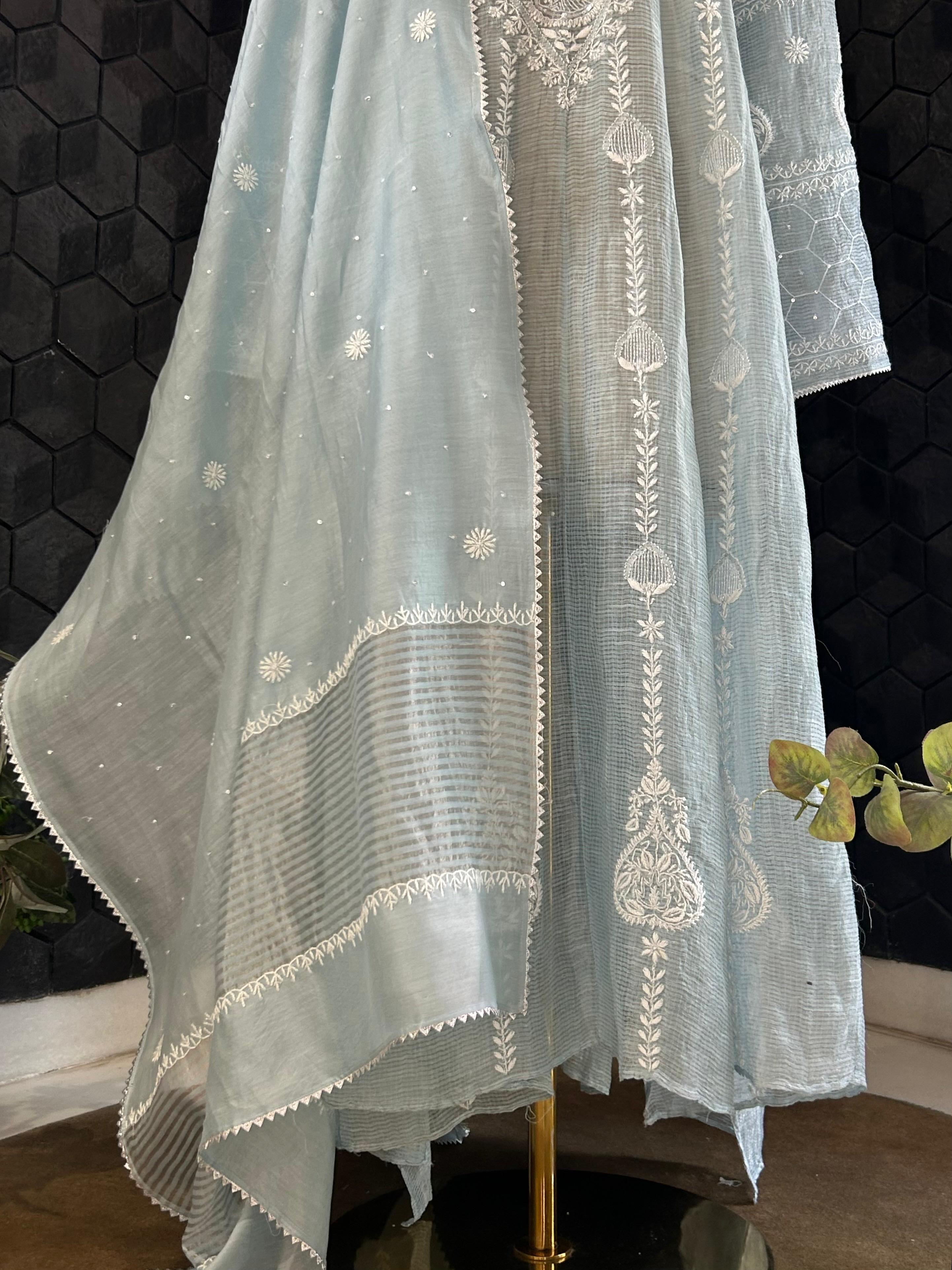 Silver Blue Tissue Kota Chikankari Anarkali Set