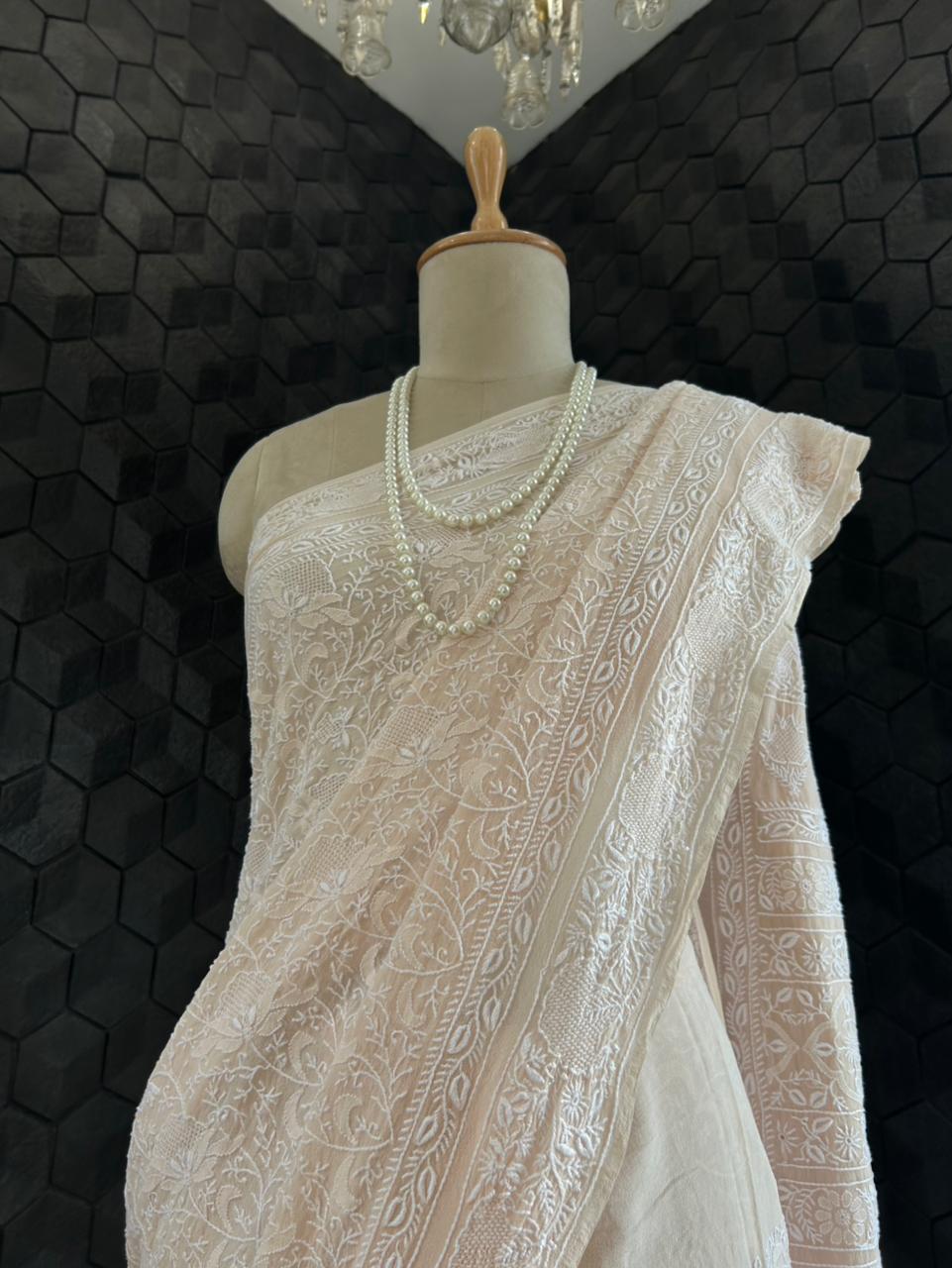 Pastel Peach Georgette Chikankari Saree