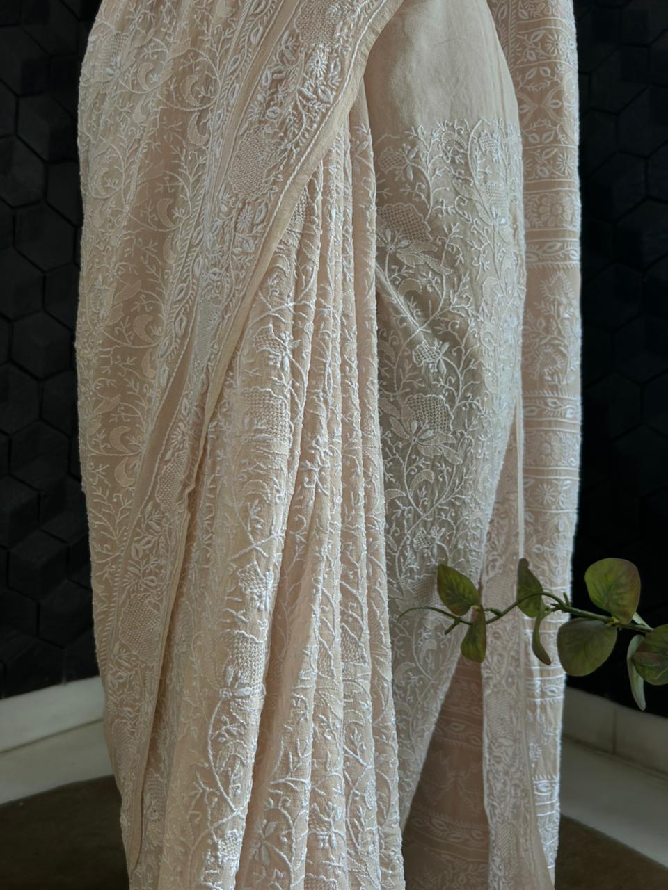 Pastel Peach Georgette Chikankari Saree
