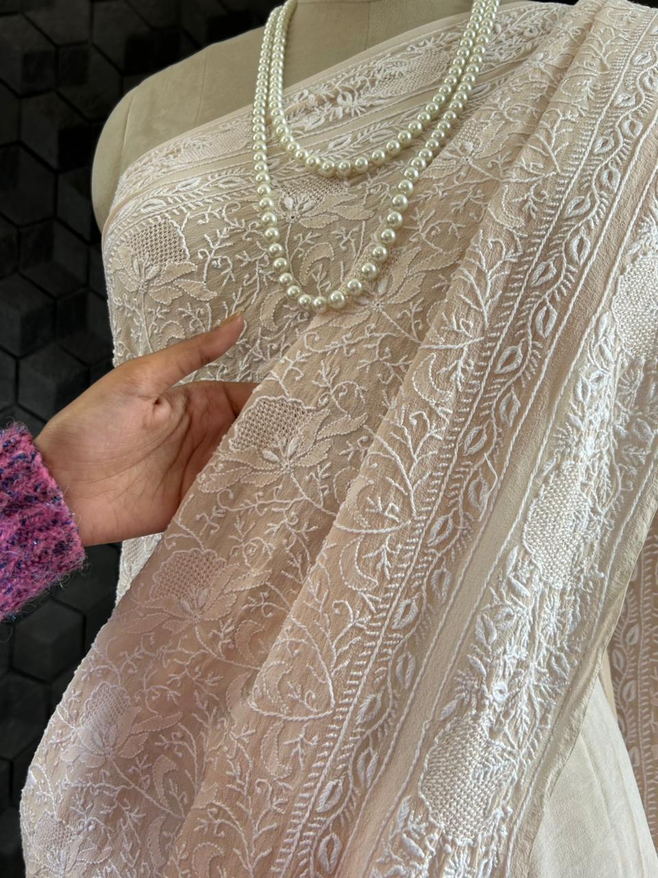 Pastel Peach Georgette Chikankari Saree