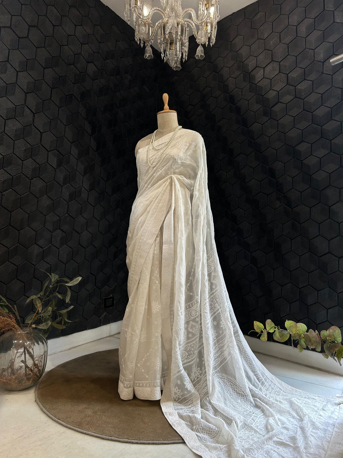White organza chikankari saree