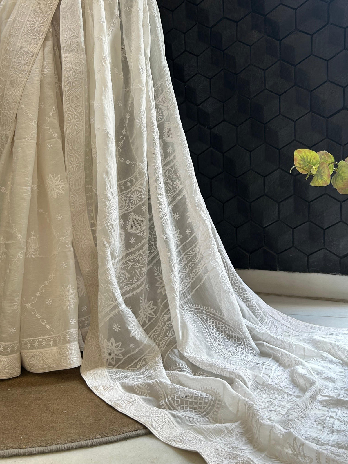 White organza chikankari saree