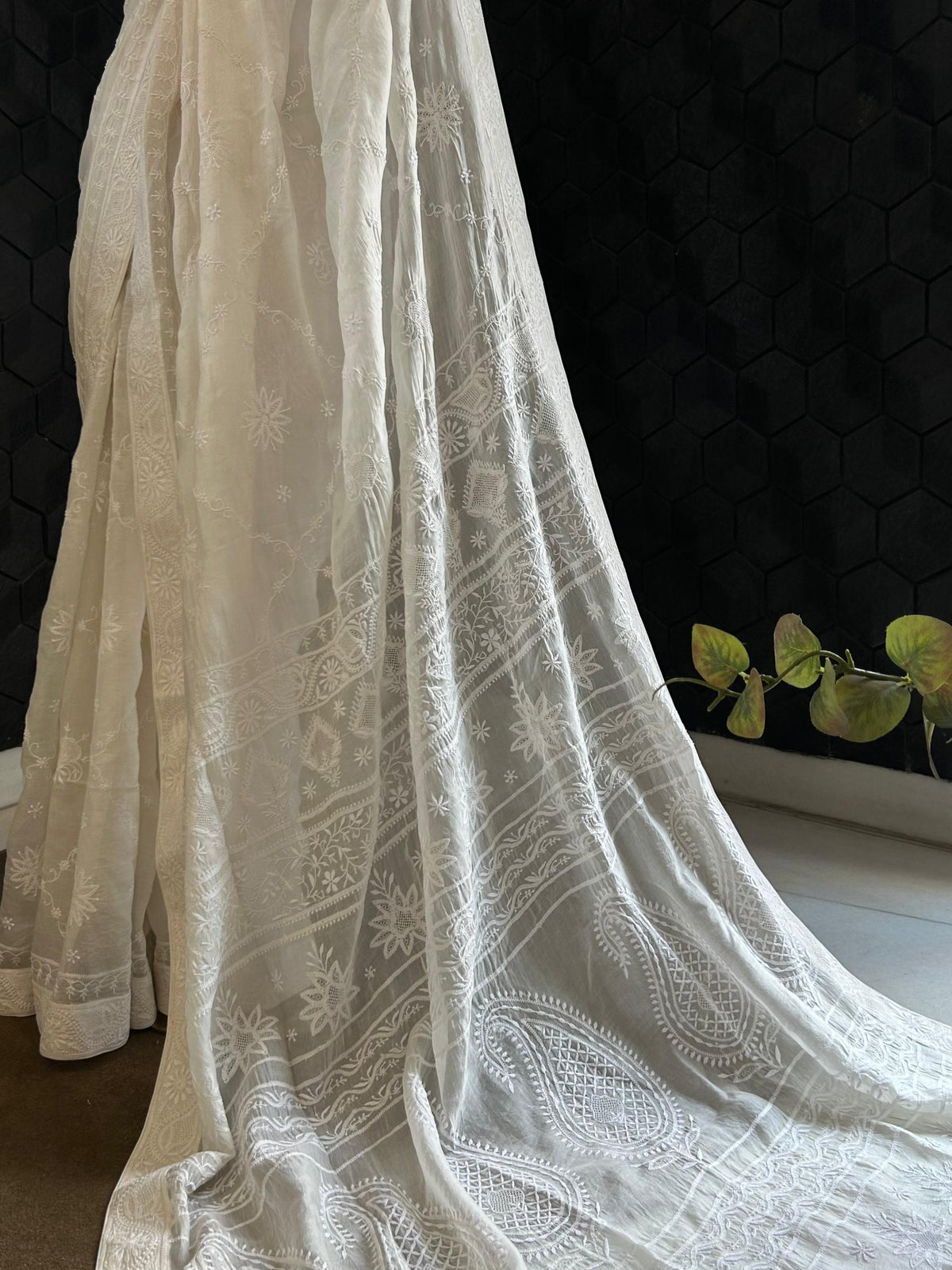 White organza chikankari saree