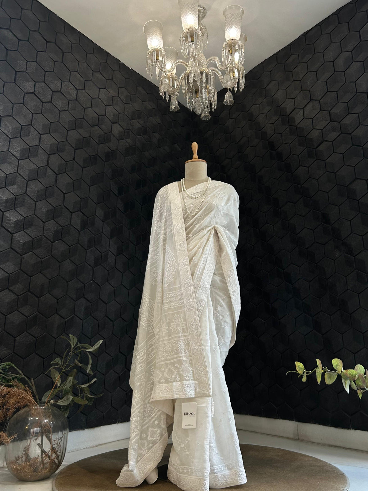 White organza chikankari saree