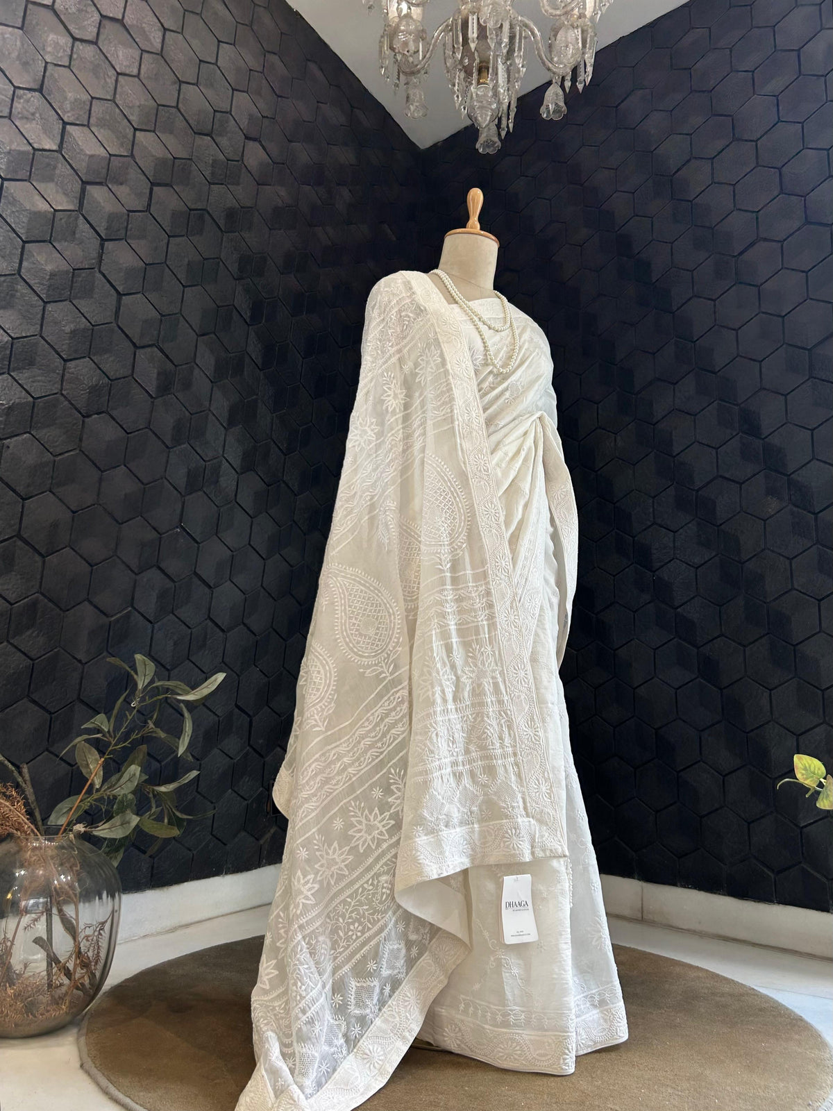 White organza chikankari saree